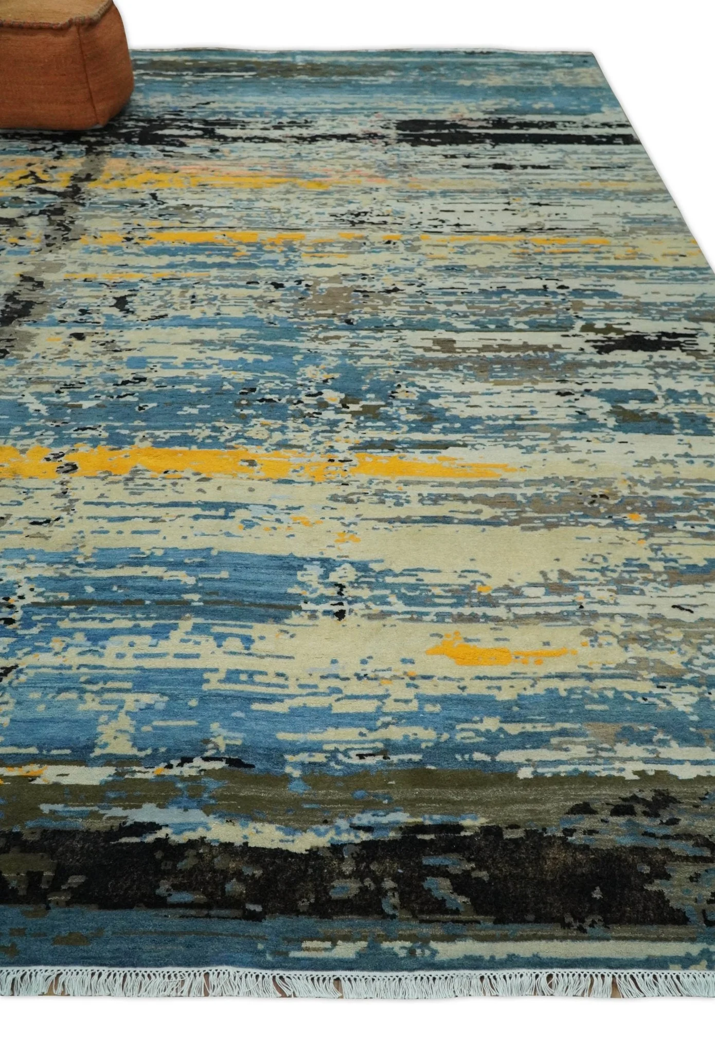 10x14 Fine Hand Knotted Blue and Black Modern Abstract Style Wool and Silk Area Rug - Image 4