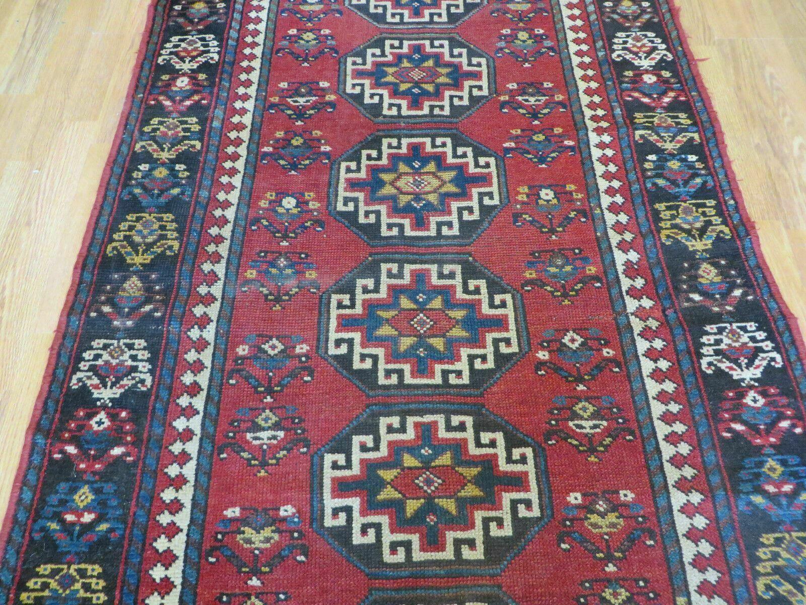 3' 3" X 10' Hand-Knotted Antique Handmade Caucasian Kazak Wool Runner Rug - Image 4