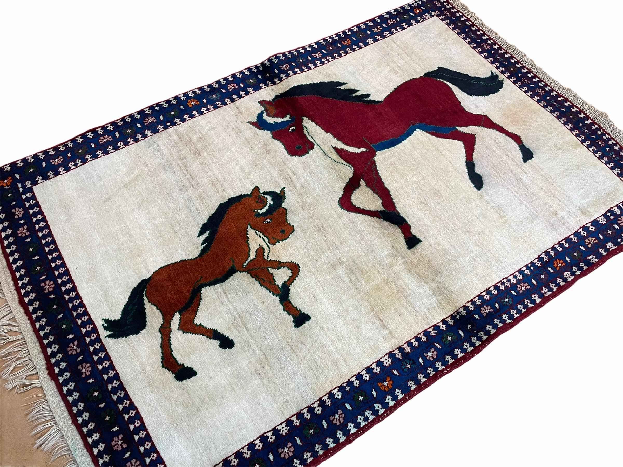 3.5 X 5 Handmade Hand-Knotted Quality Wool Pictorial Brown Horses Animal Rug - Image 2