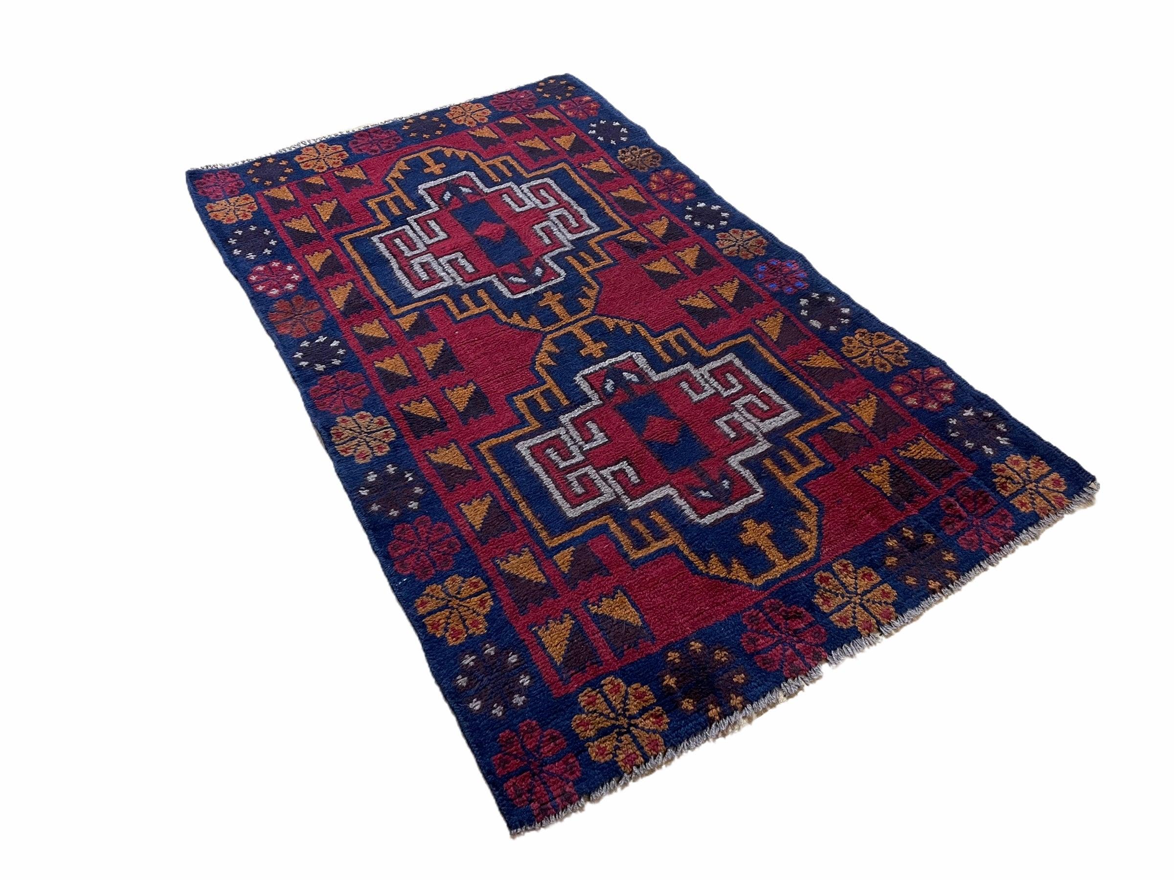 3 X 4.3 Vintage Handmade Tribal Wool Rug Balouch Rug Afghan Rug Red Blue Nice - Image 2