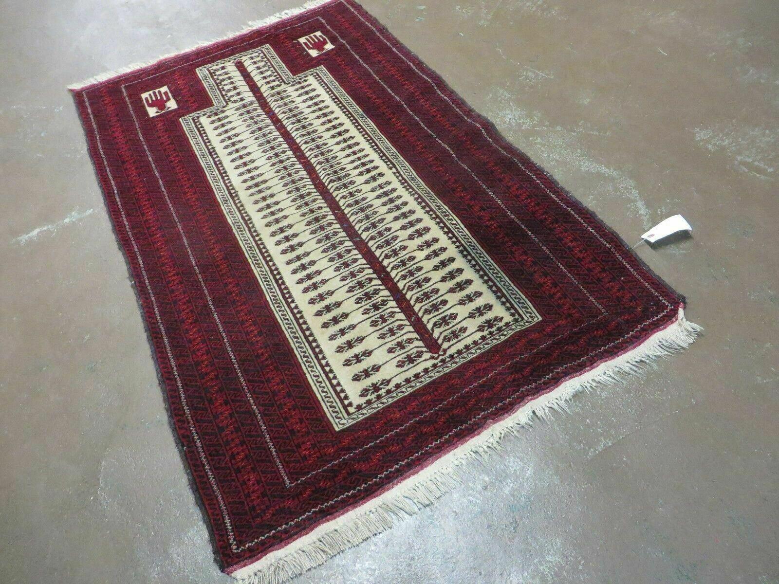 3' X 5' Antique Handmade Turkoman Balouchi Prayer Wool Rug Khamesh - Image 2