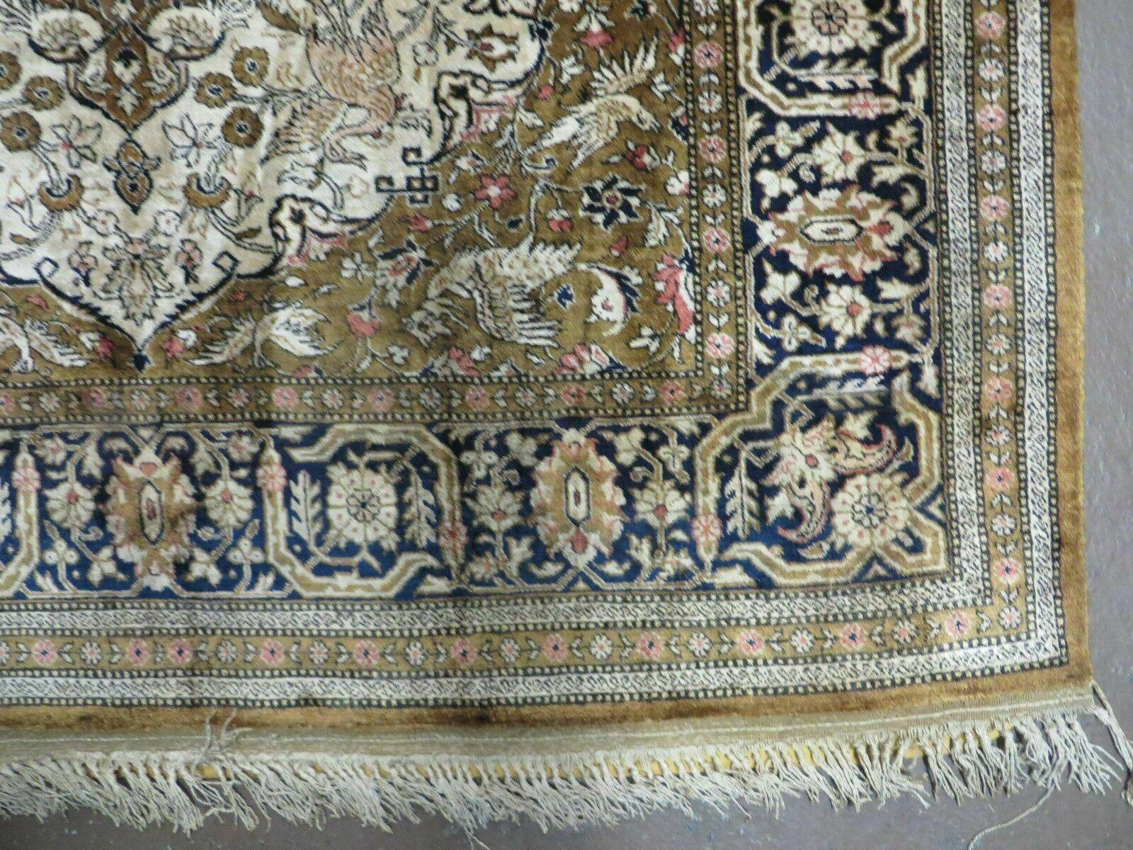 Handmade Silk Rug 3x5, Vintage Antique Silk Carpet, Hand-Knotted Oriental Rug 3 x 5, Animal Motifs, Deer Birds, One-Of-A-Kind - Image 10