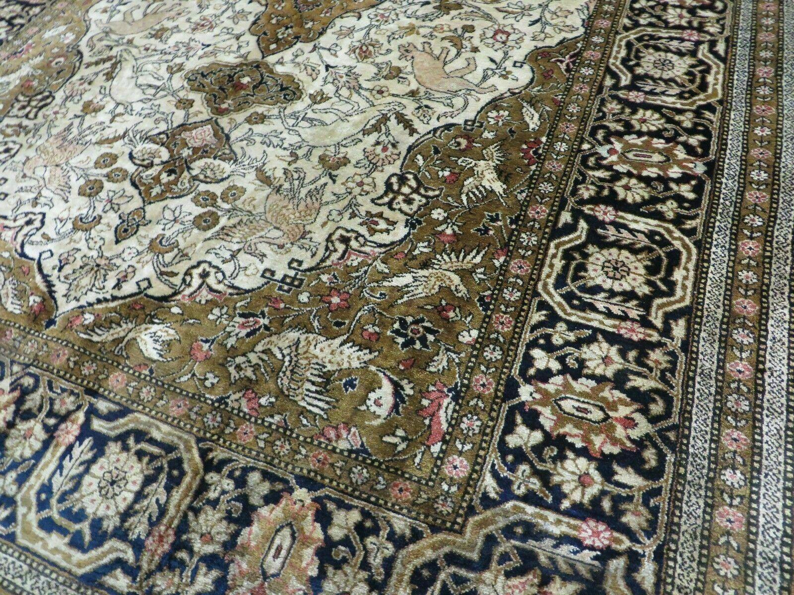 Handmade Silk Rug 3x5, Vintage Antique Silk Carpet, Hand-Knotted Oriental Rug 3 x 5, Animal Motifs, Deer Birds, One-Of-A-Kind - Image 11