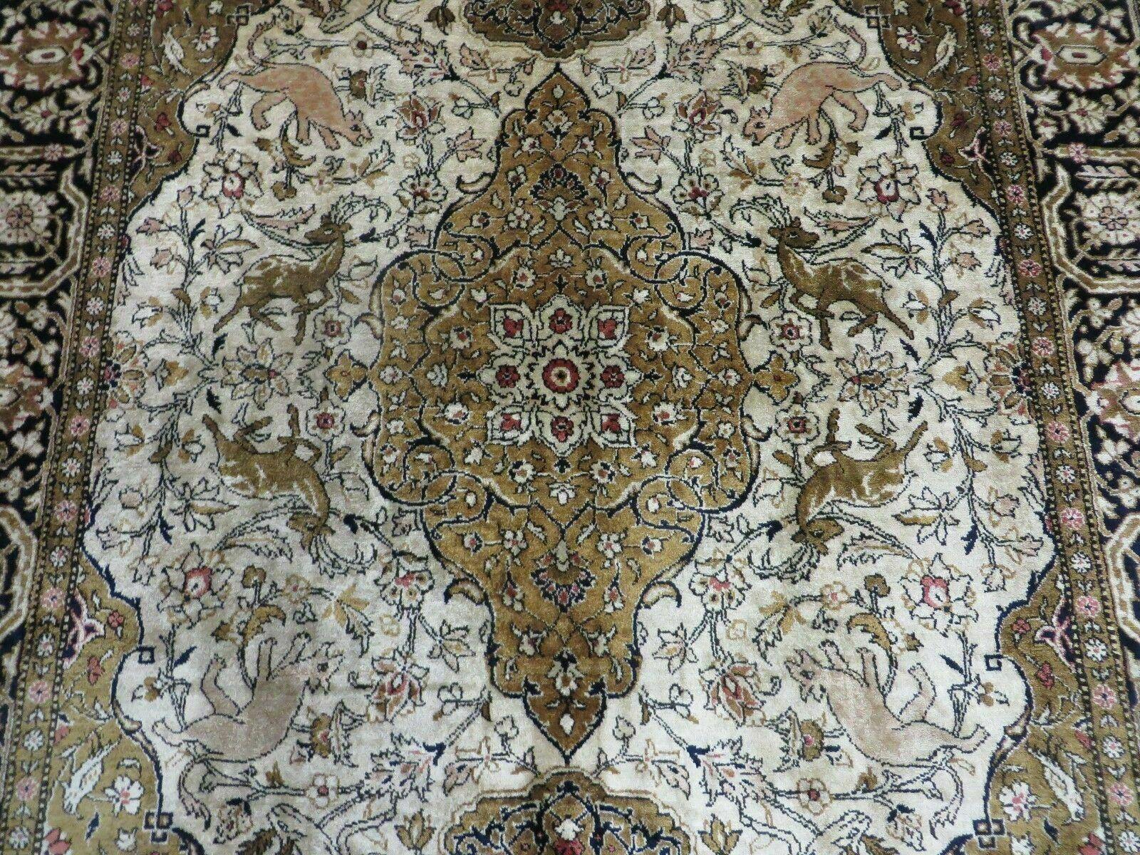 Handmade Silk Rug 3x5, Vintage Antique Silk Carpet, Hand-Knotted Oriental Rug 3 x 5, Animal Motifs, Deer Birds, One-Of-A-Kind - Image 5