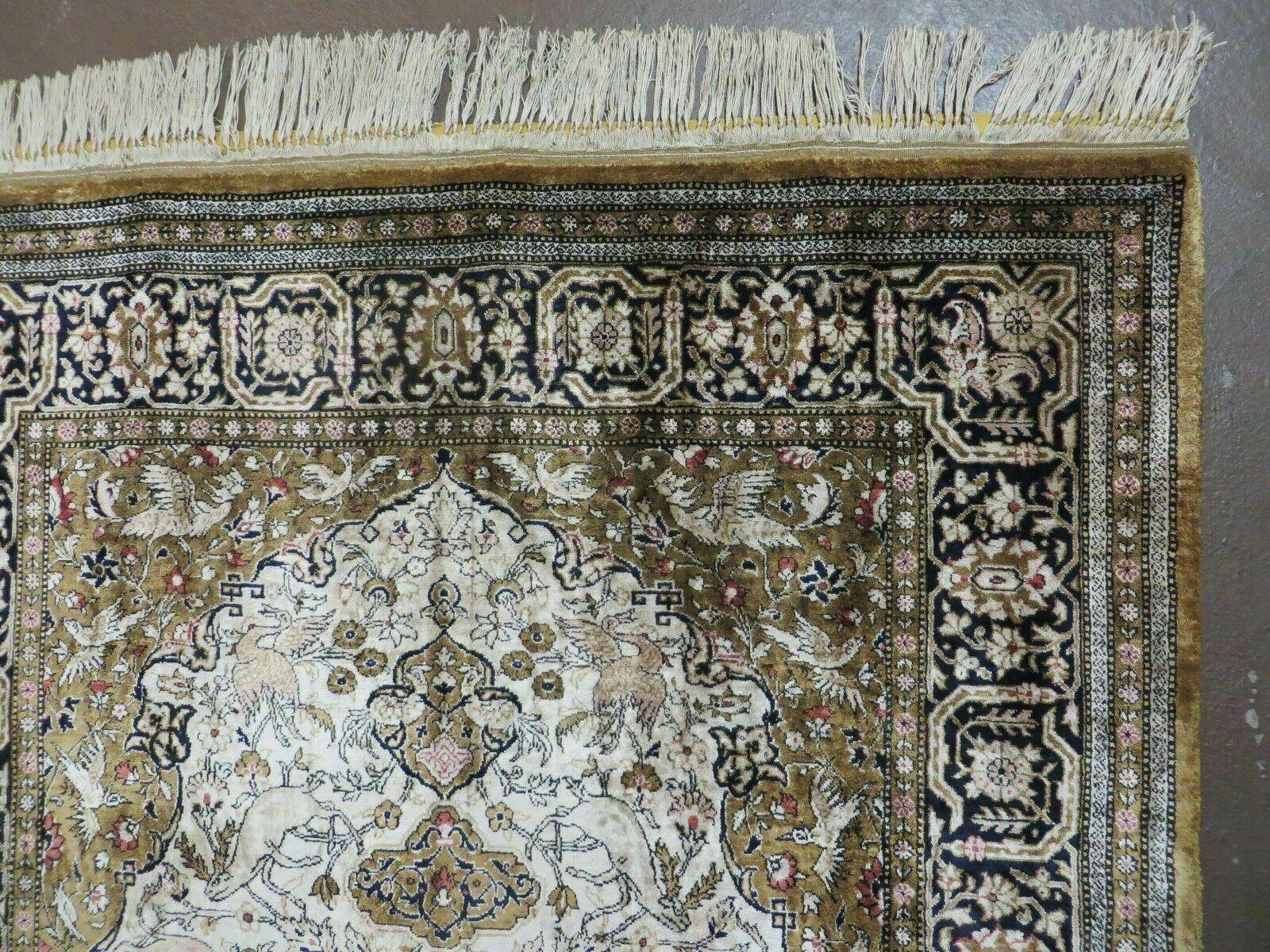 Handmade Silk Rug 3x5, Vintage Antique Silk Carpet, Hand-Knotted Oriental Rug 3 x 5, Animal Motifs, Deer Birds, One-Of-A-Kind - Image 8