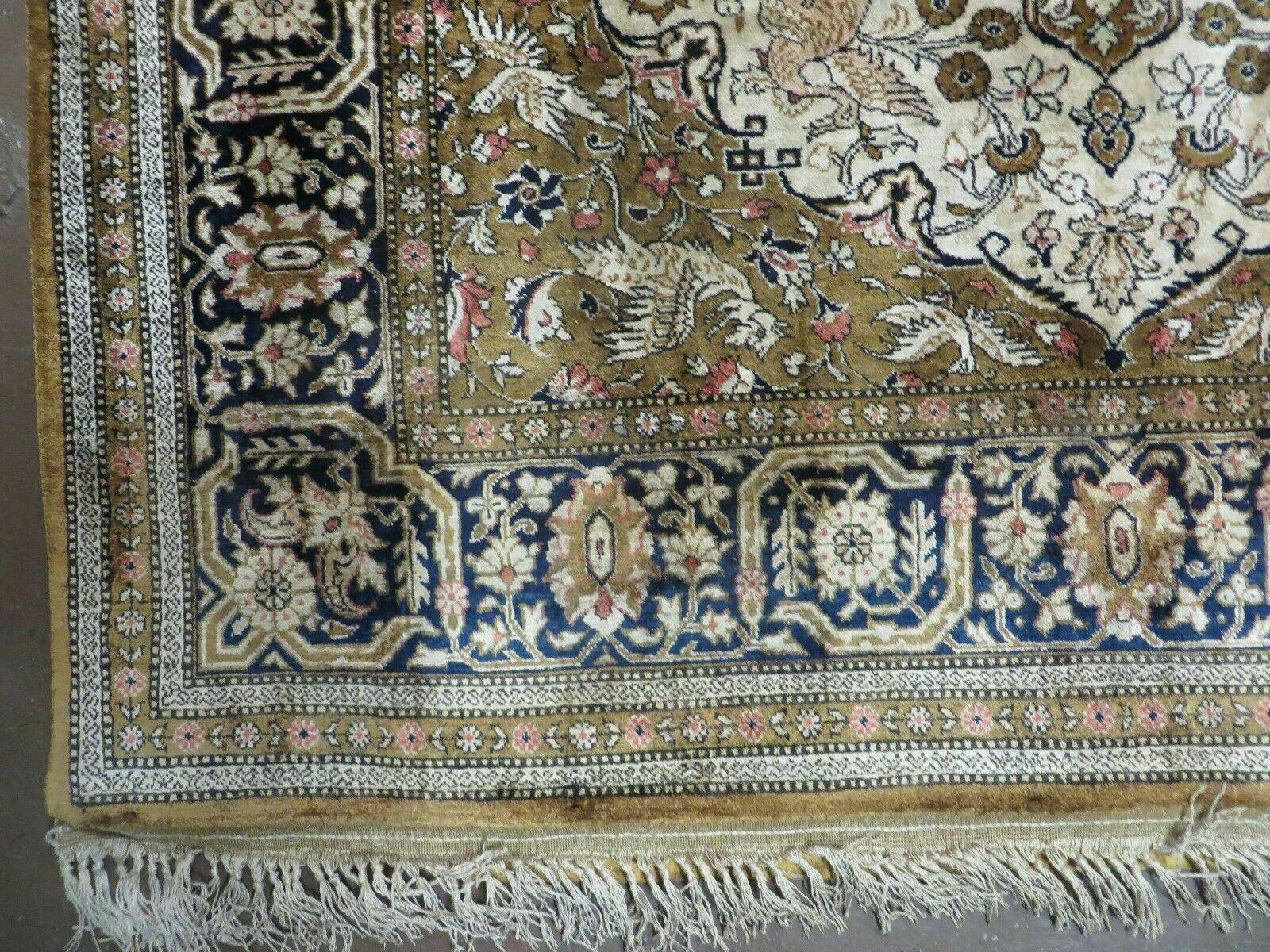 Handmade Silk Rug 3x5, Vintage Antique Silk Carpet, Hand-Knotted Oriental Rug 3 x 5, Animal Motifs, Deer Birds, One-Of-A-Kind - Image 9