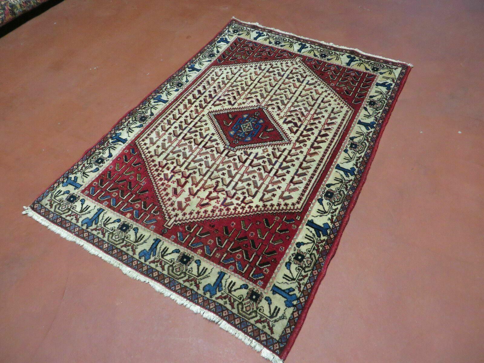 3' X 5' Vintage Handmade India Geometric Oriental Wool Rug Nice Birds Ivory Red - Image 2
