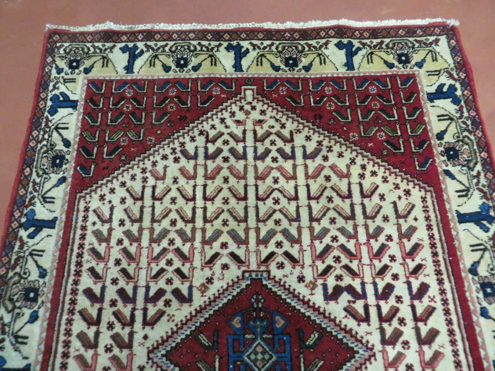 3' X 5' Vintage Handmade India Geometric Oriental Wool Rug Nice Birds Ivory Red - Image 3