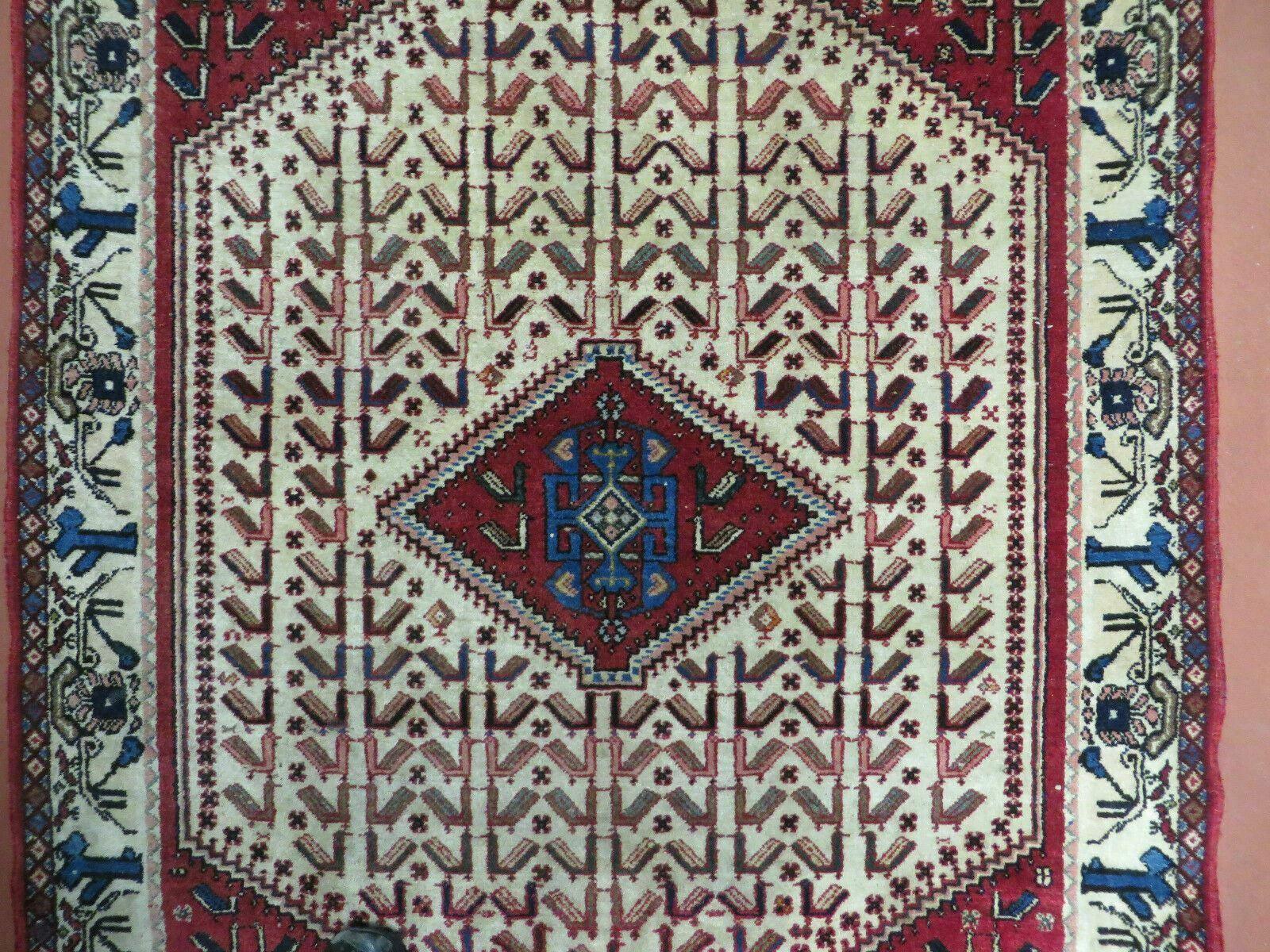 3' X 5' Vintage Handmade India Geometric Oriental Wool Rug Nice Birds Ivory Red - Image 4