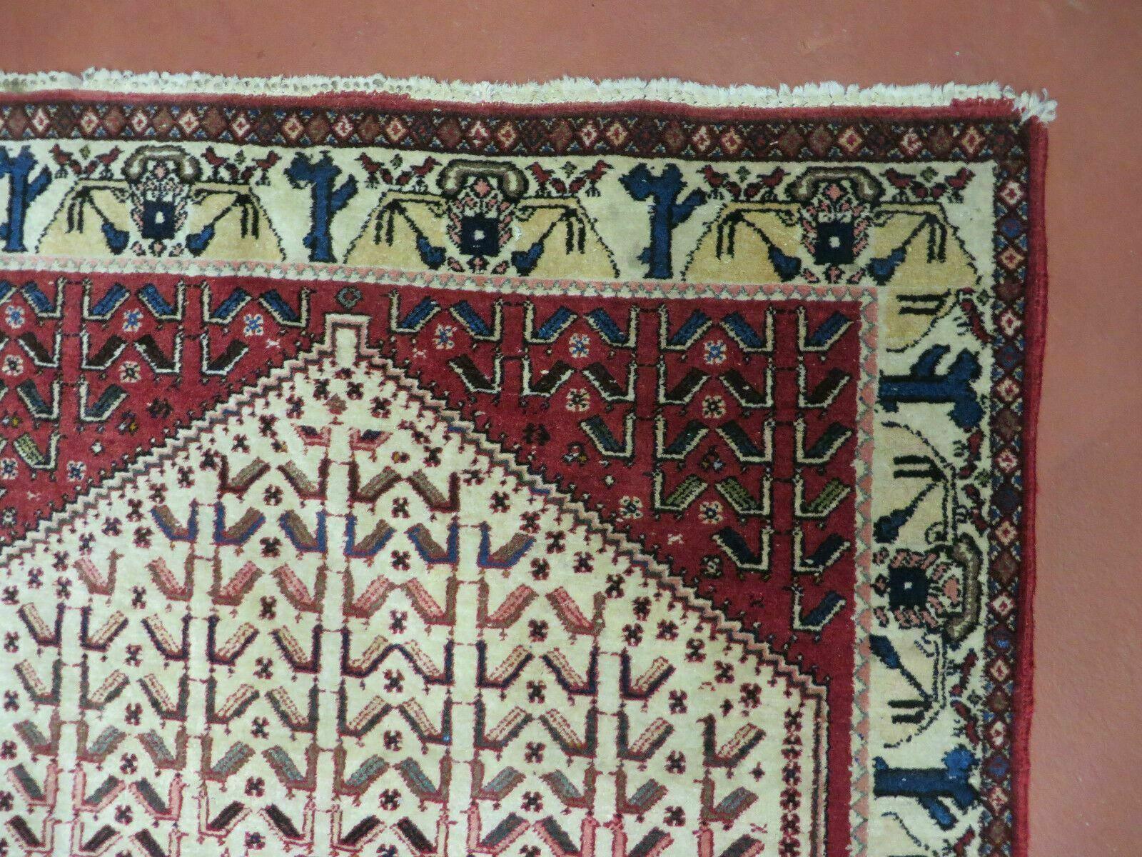 3' X 5' Vintage Handmade India Geometric Oriental Wool Rug Nice Birds Ivory Red - Image 7
