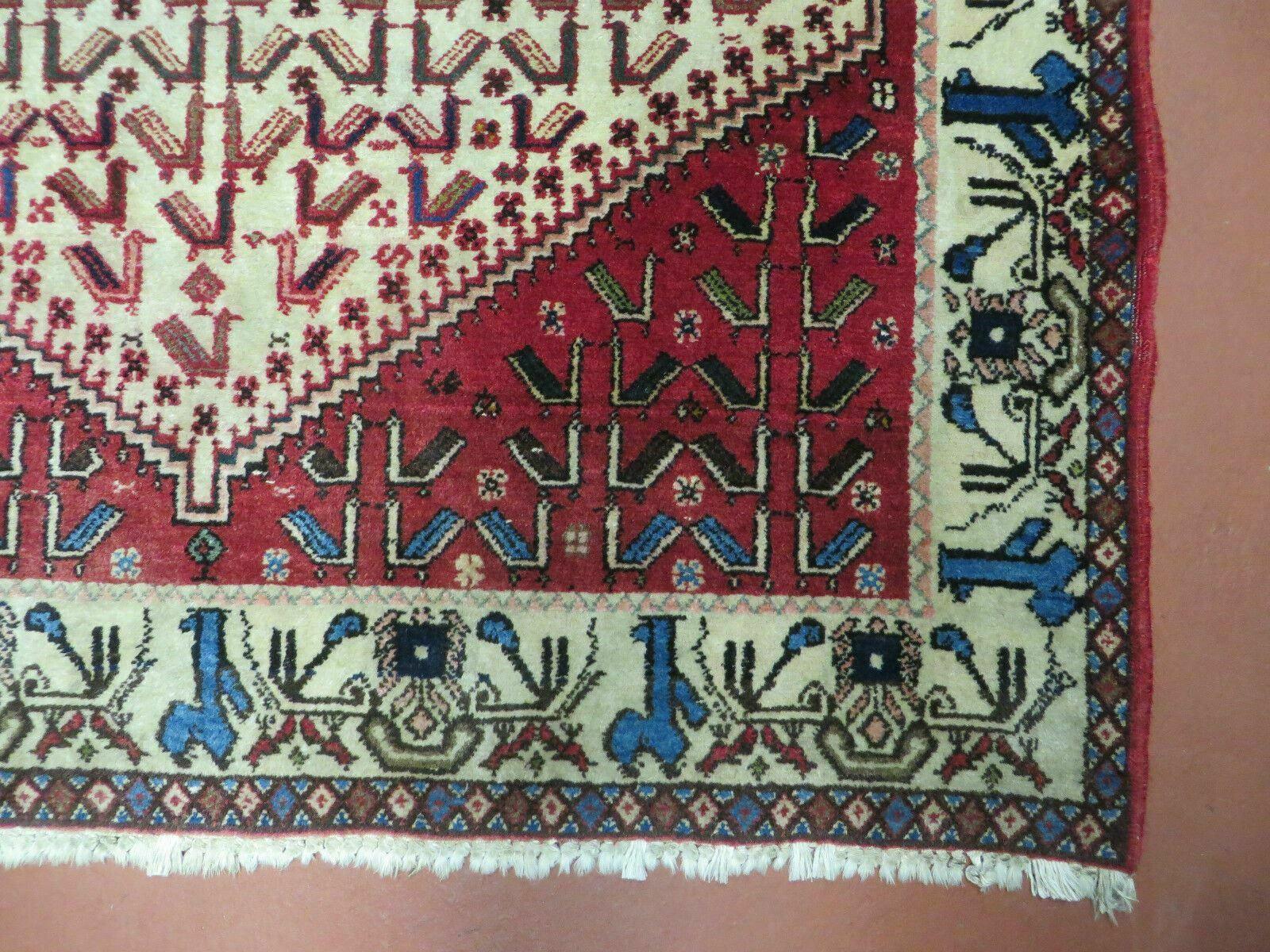 3' X 5' Vintage Handmade India Geometric Oriental Wool Rug Nice Birds Ivory Red - Image 9