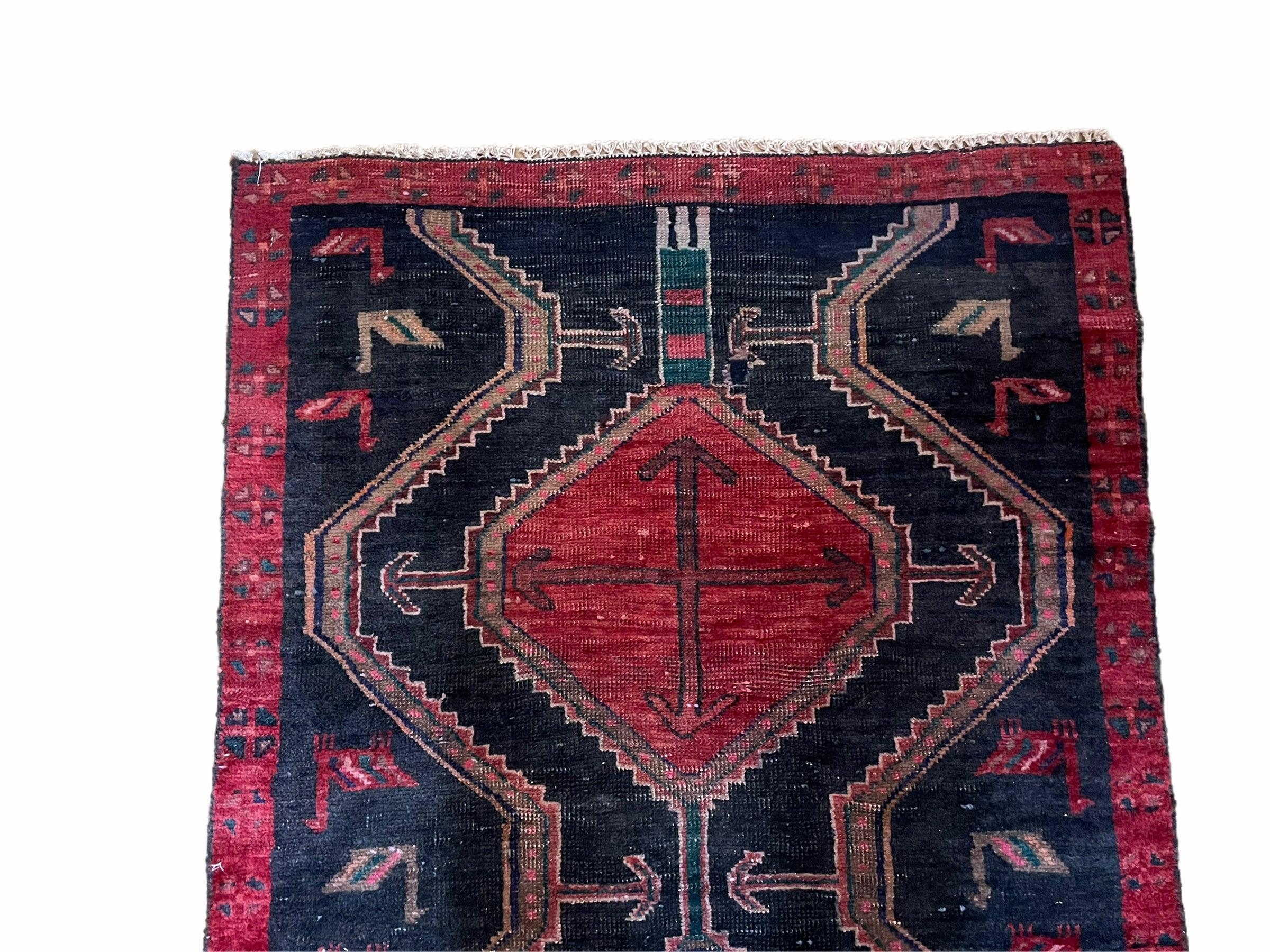 3 X 7 Handmade Wool Tribal Runner Rug Geometric Red Blue Boho Organic Dyes - Image 3