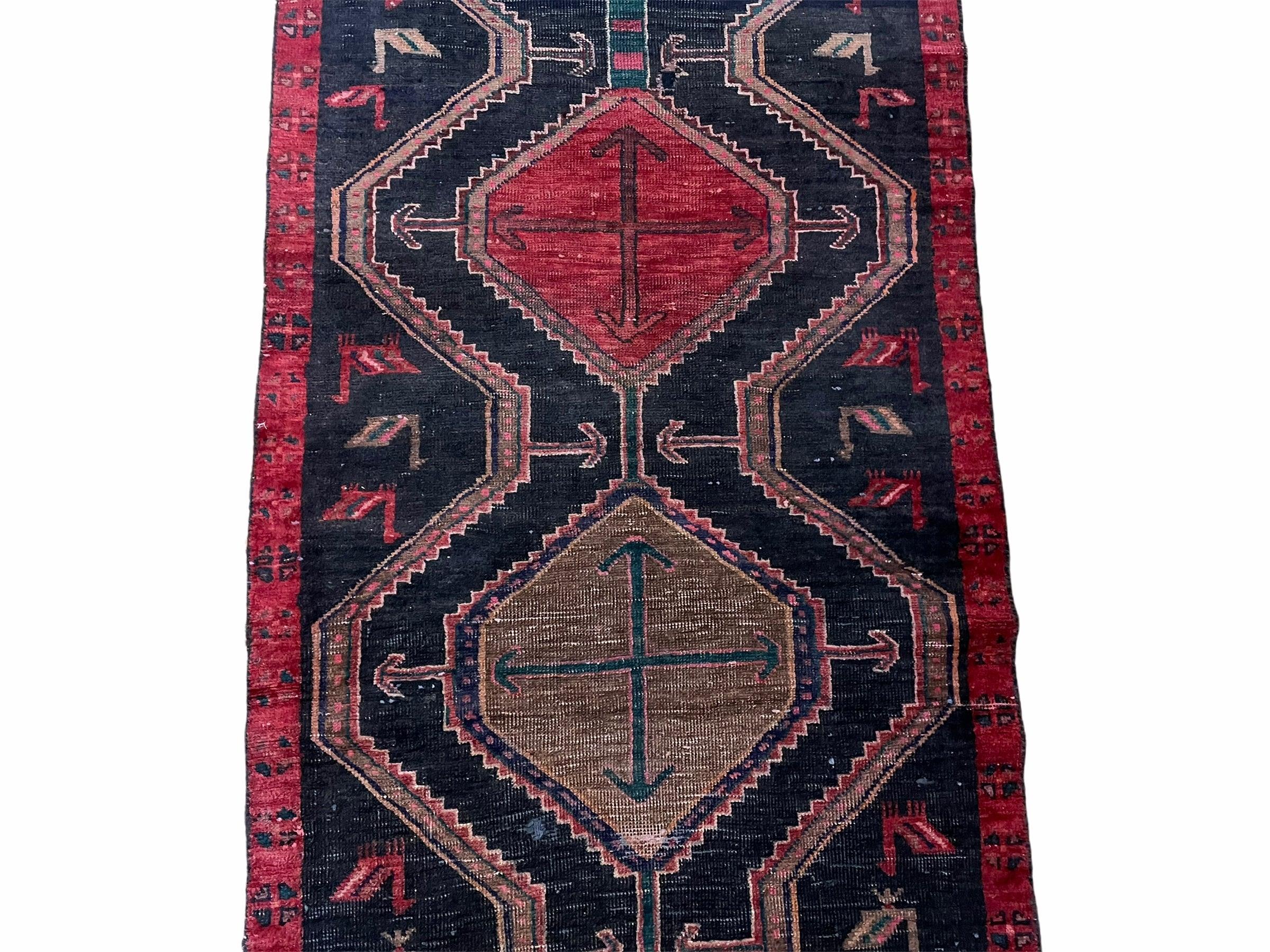 3 X 7 Handmade Wool Tribal Runner Rug Geometric Red Blue Boho Organic Dyes - Image 4