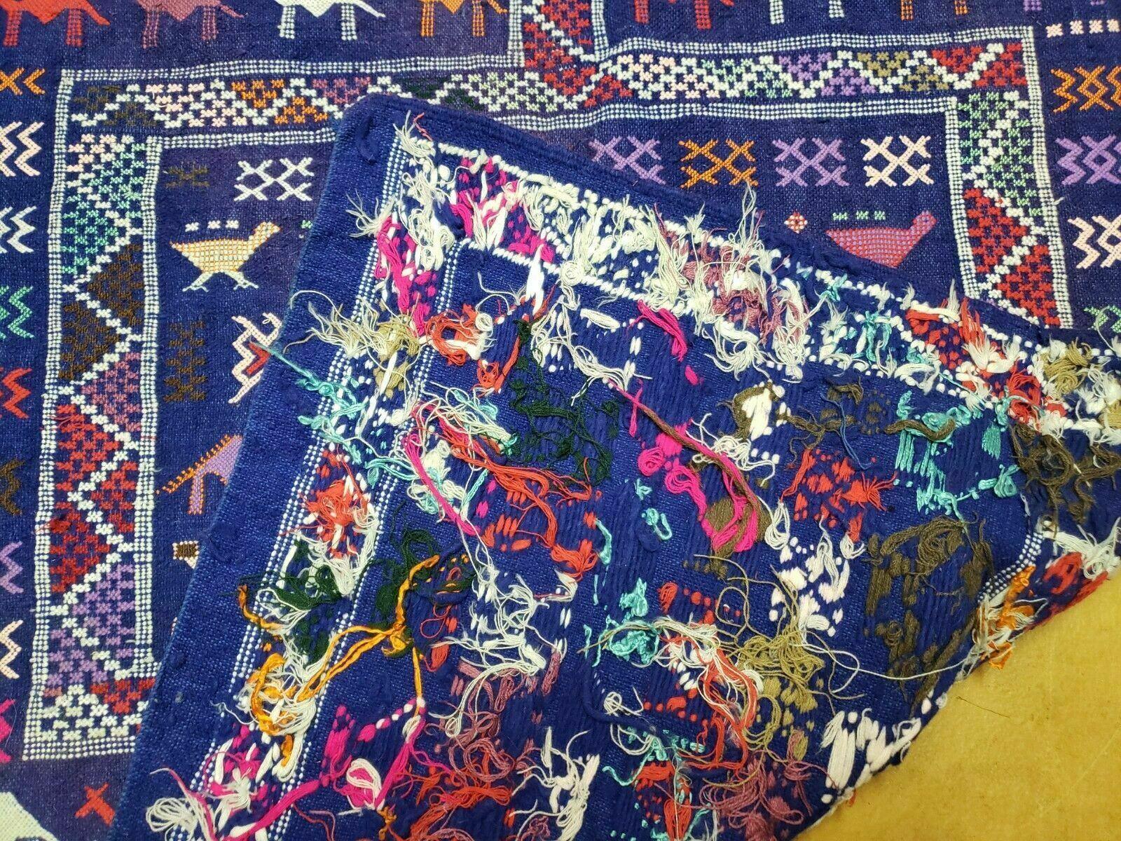 3' X 7' Vintage Handmade Indian Wool Kilim Flat weave Rug Camel Birds Blue Geometric Short Runner - Image 10