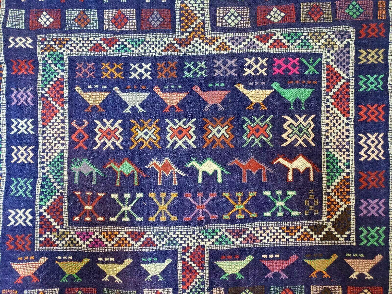 3' X 7' Vintage Handmade Indian Wool Kilim Flat weave Rug Camel Birds Blue Geometric Short Runner - Image 11