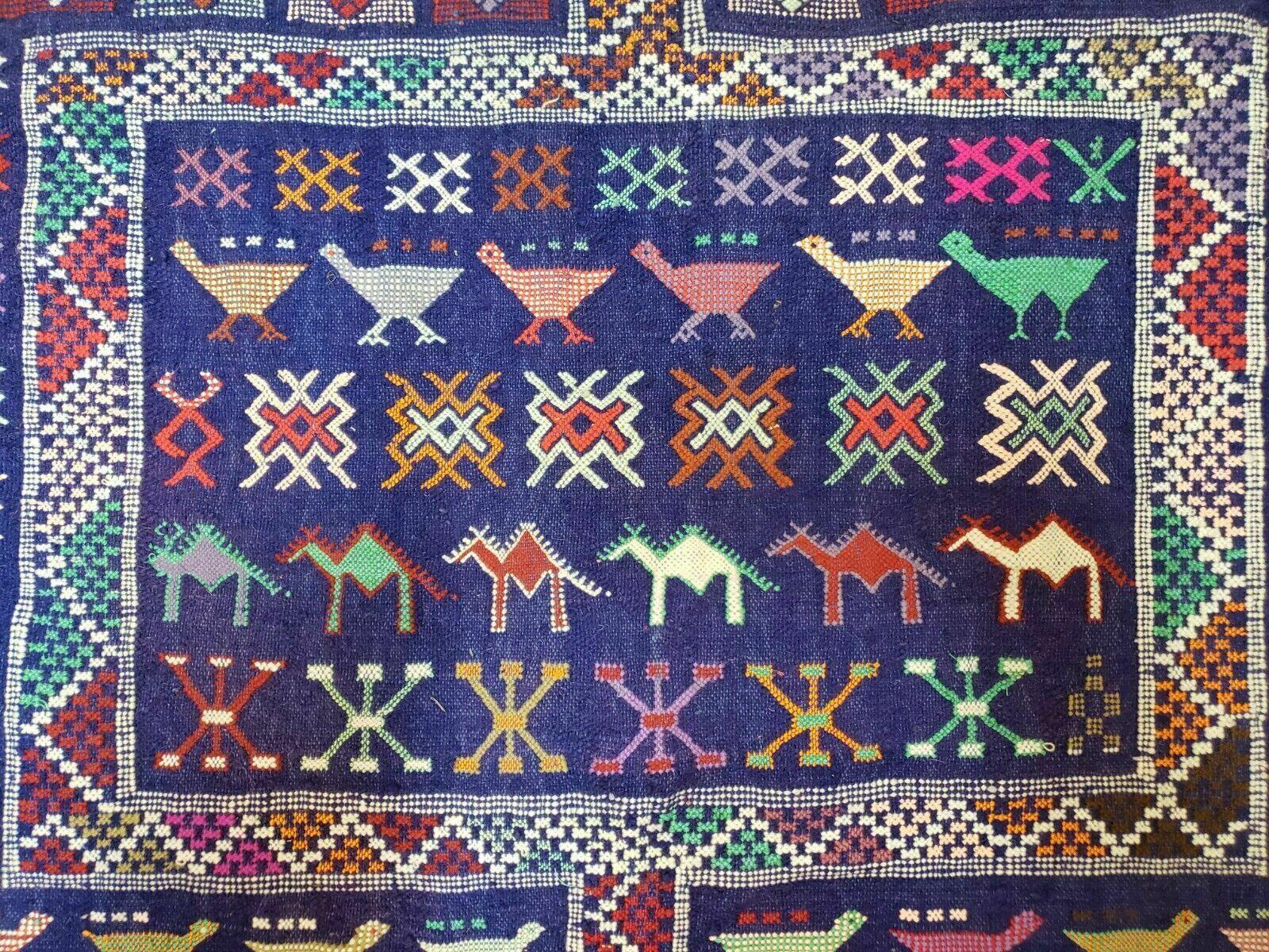 3' X 7' Vintage Handmade Indian Wool Kilim Flat weave Rug Camel Birds Blue Geometric Short Runner - Image 12