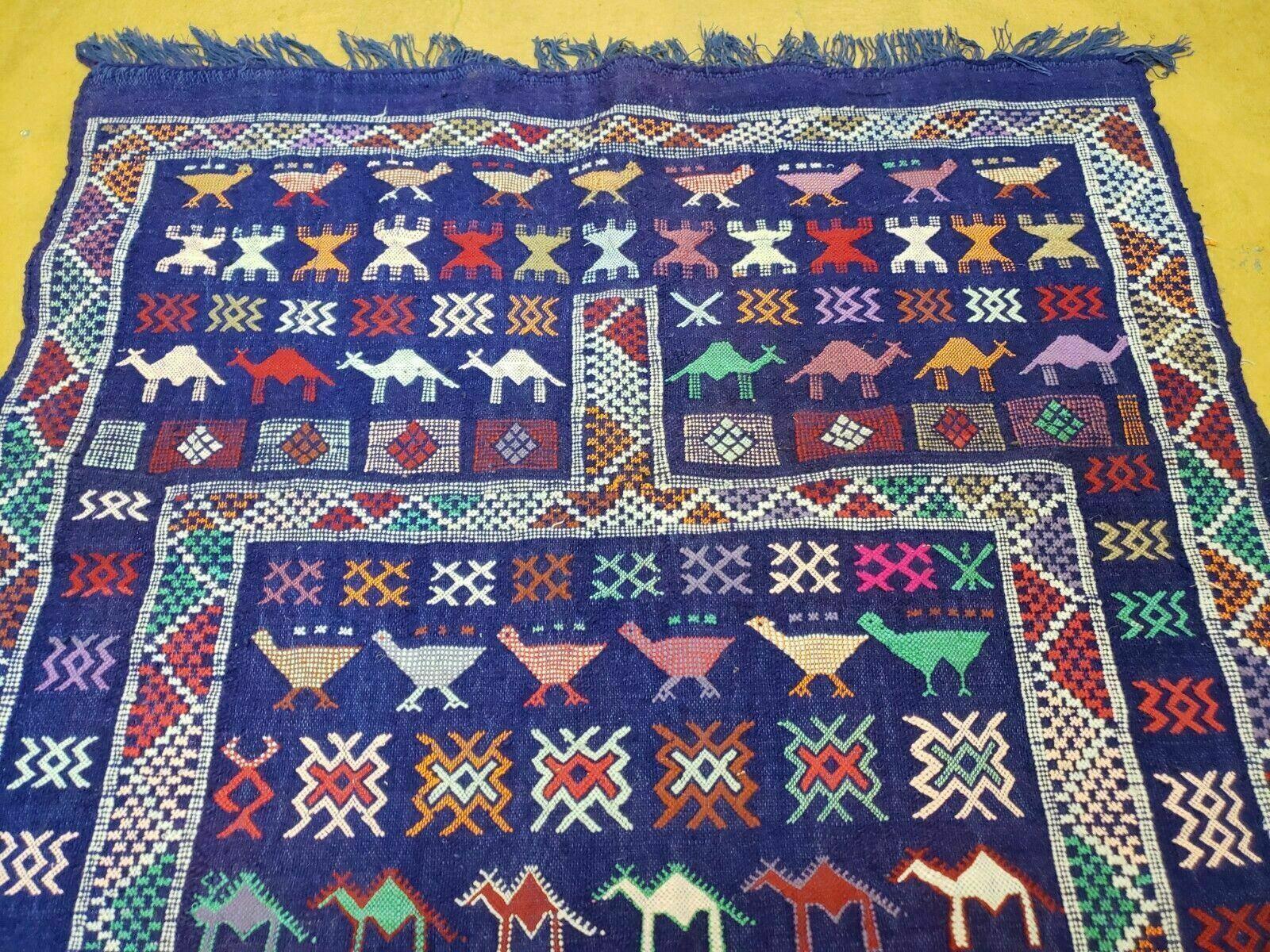 3' X 7' Vintage Handmade Indian Wool Kilim Flat weave Rug Camel Birds Blue Geometric Short Runner - Image 2