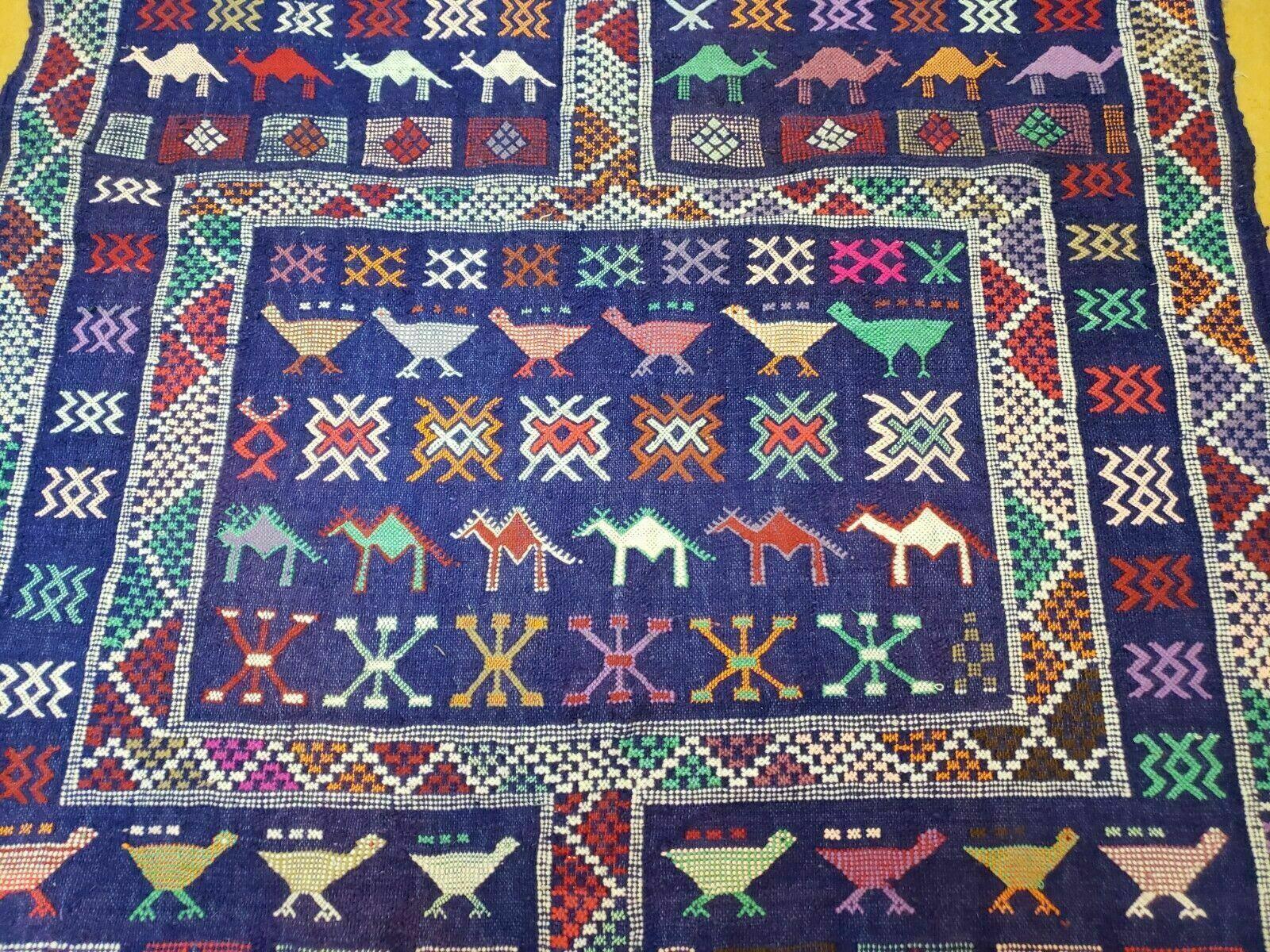 3' X 7' Vintage Handmade Indian Wool Kilim Flat weave Rug Camel Birds Blue Geometric Short Runner - Image 3