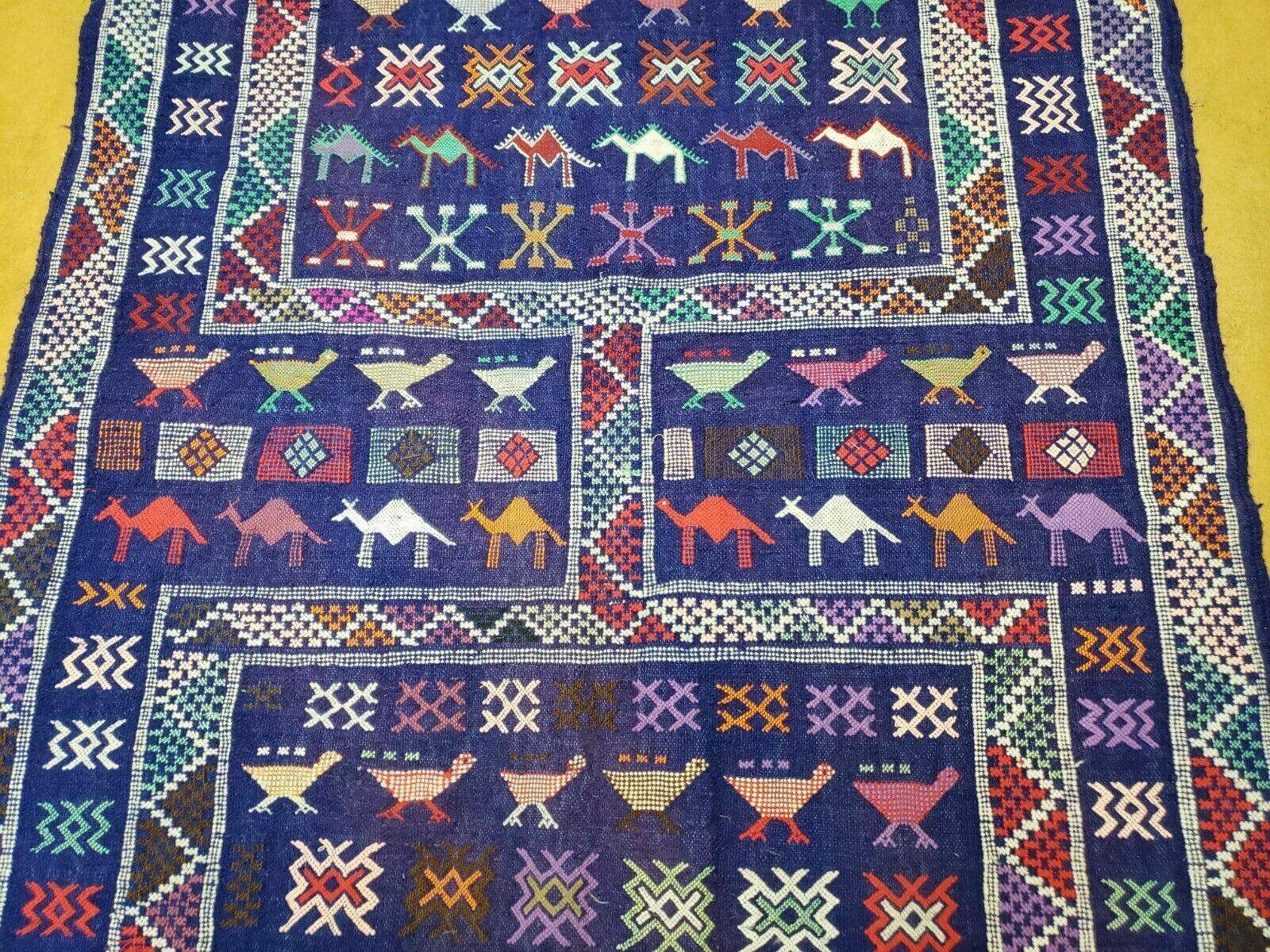 3' X 7' Vintage Handmade Indian Wool Kilim Flat weave Rug Camel Birds Blue Geometric Short Runner - Image 4
