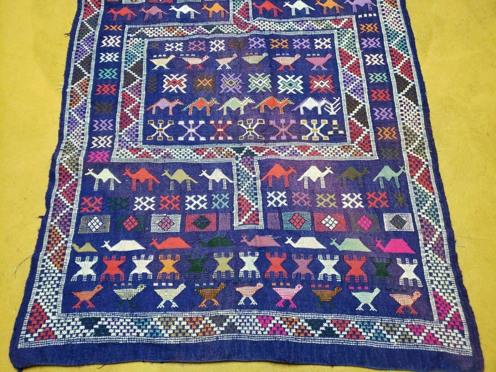 3' X 7' Vintage Handmade Indian Wool Kilim Flat weave Rug Camel Birds Blue Geometric Short Runner - Image 5