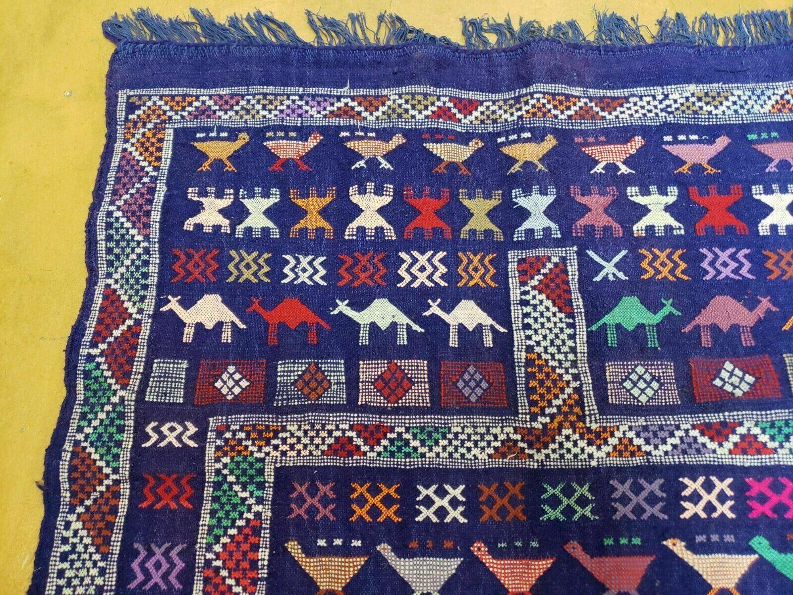 3' X 7' Vintage Handmade Indian Wool Kilim Flat weave Rug Camel Birds Blue Geometric Short Runner - Image 6