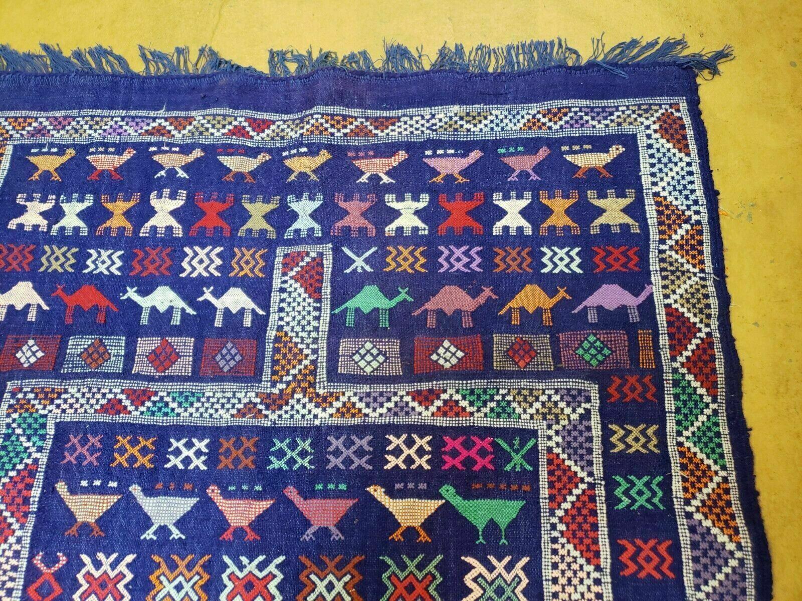 3' X 7' Vintage Handmade Indian Wool Kilim Flat weave Rug Camel Birds Blue Geometric Short Runner - Image 7