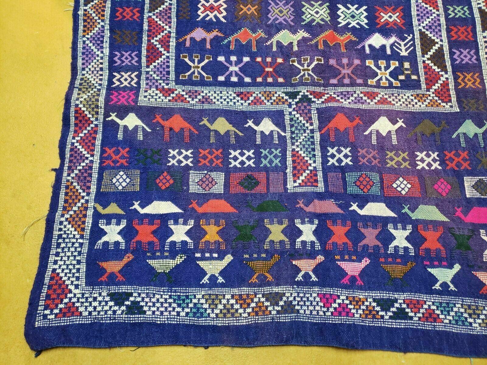 3' X 7' Vintage Handmade Indian Wool Kilim Flat weave Rug Camel Birds Blue Geometric Short Runner - Image 8