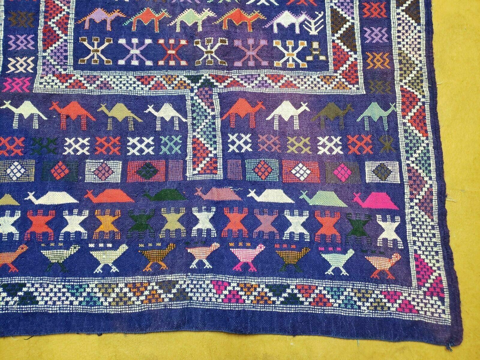 3' X 7' Vintage Handmade Indian Wool Kilim Flat weave Rug Camel Birds Blue Geometric Short Runner - Image 9