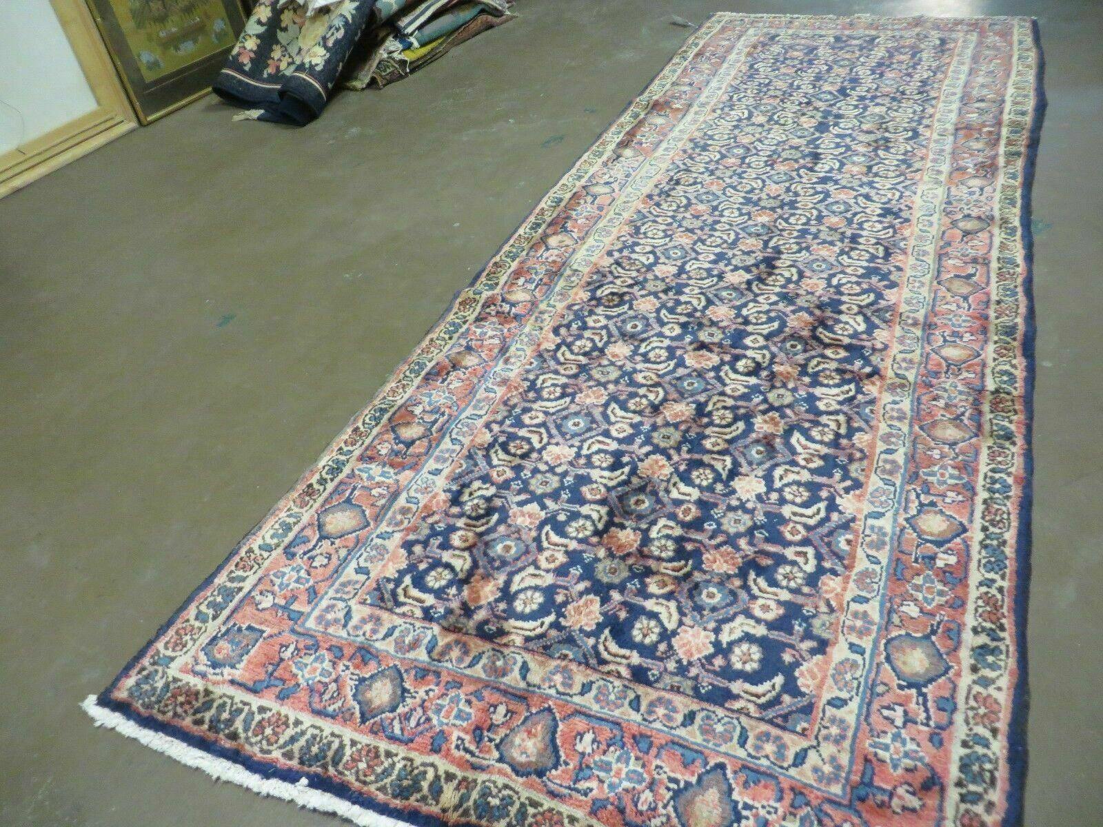 3'7" X 10' Antique Handmade India Floral Oriental Wool Runner Rug Organic Blue - Image 2