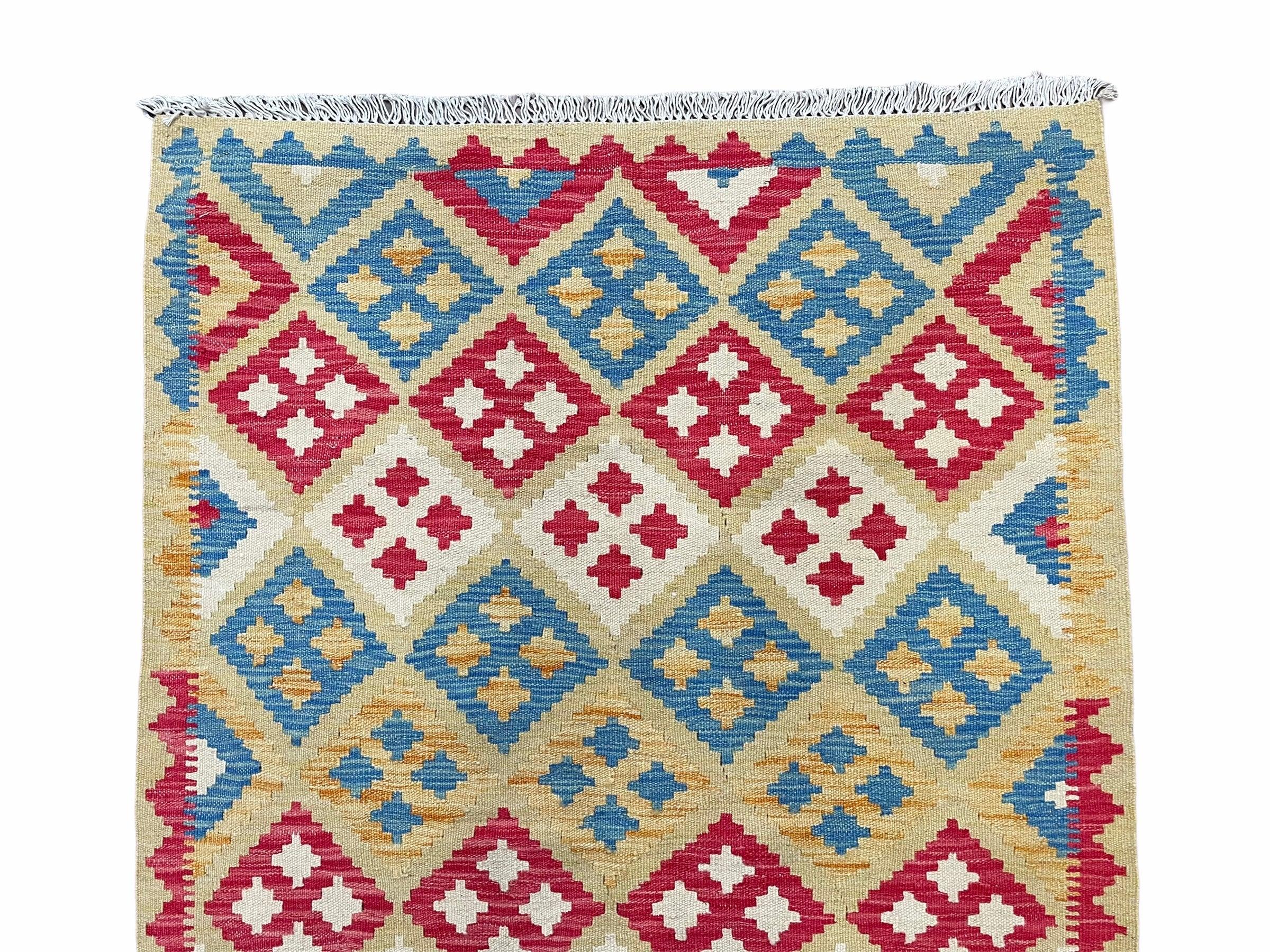 3x5 Kilim Rug Multicolor Tribal Kilim Rug 3 x 5 Tan Light Blue Red Beige New Turkish Anatolian Wool Kilim Flatweave Rug - Image 4