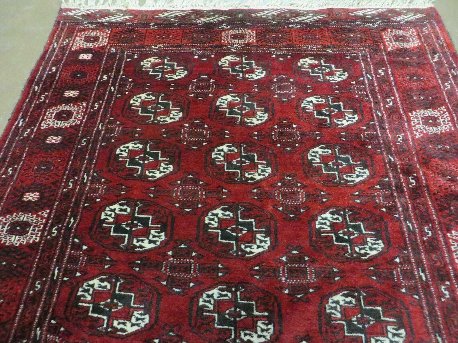 4' 5" X 5' 7" Semi Antique Handmade Afghan Yamud Turkoman Bokhara Wool Rug - Image 4