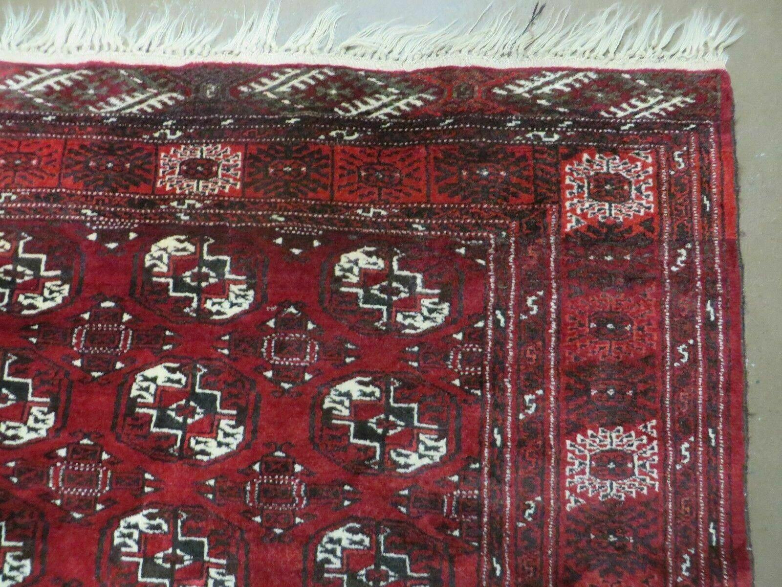 4' 5" X 5' 7" Semi Antique Handmade Afghan Yamud Turkoman Bokhara Wool Rug - Image 7