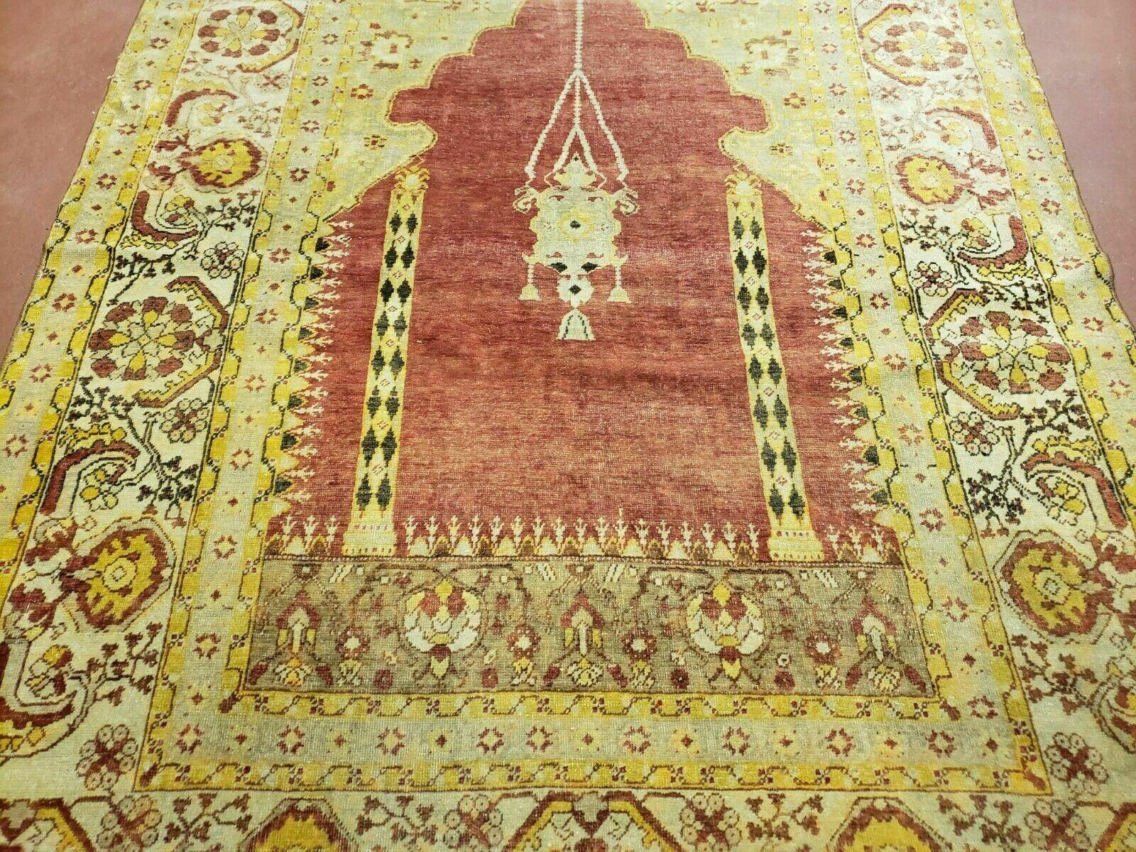 4' 5" X 7' Antique HandmadeTurkish Prayer Melas Oushak Wool Rug Mehrab Nice - Image 5
