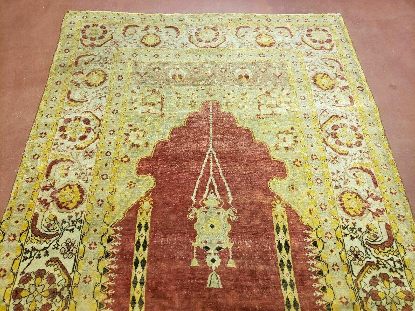 4' 5" X 7' Antique HandmadeTurkish Prayer Melas Oushak Wool Rug Mehrab Nice - Image 9