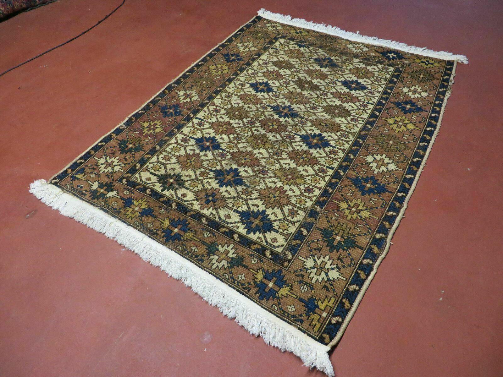 4' X 5' Antique Handmade Caucasian Kazak Shirvan Wool Rug Snow Flakes - Image 2