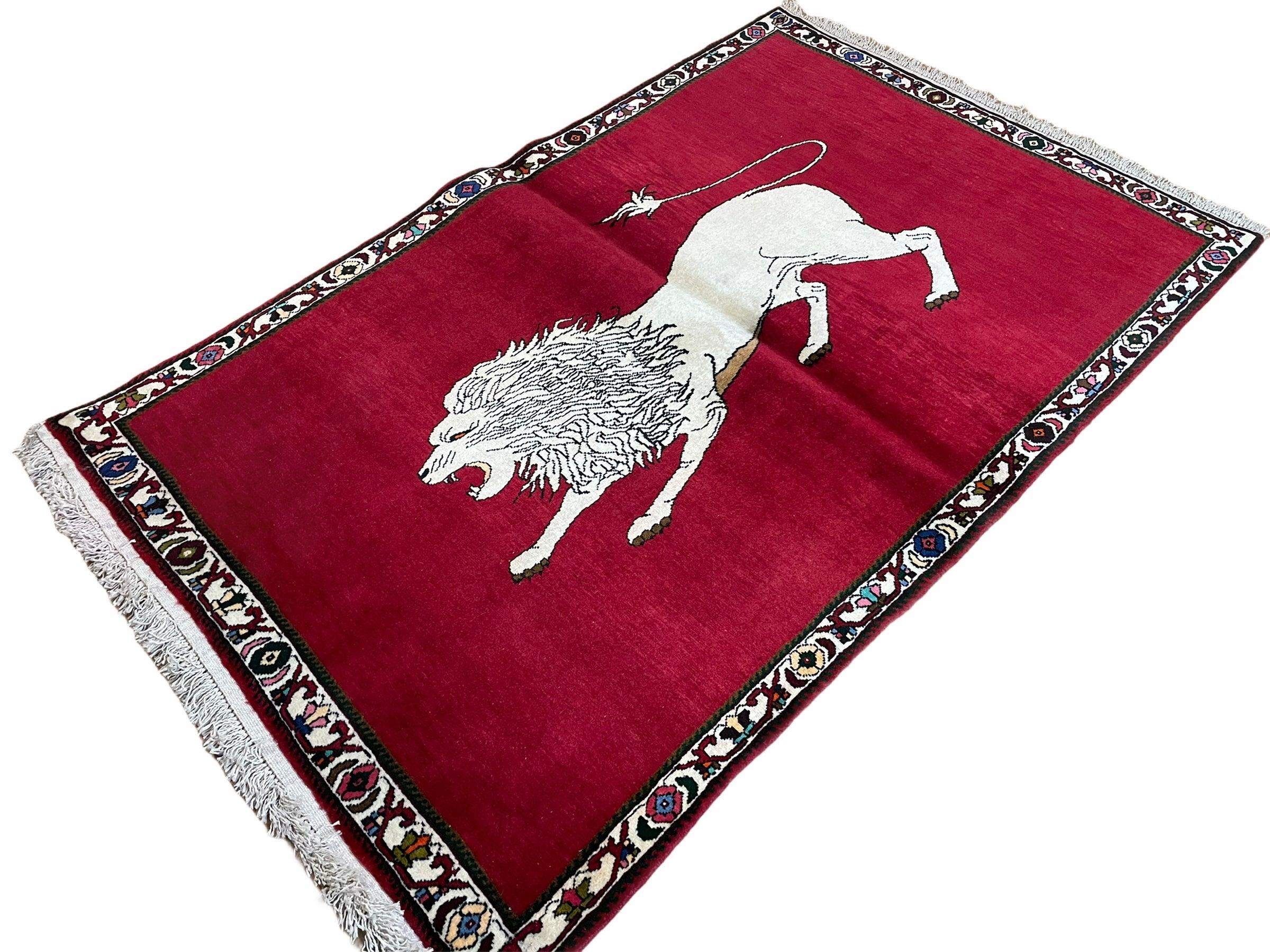 4 X 6 Handmade Hand-Knotted Quality Wool Rug Zagros Lion Red Ivory Tribal Rug - Image 2