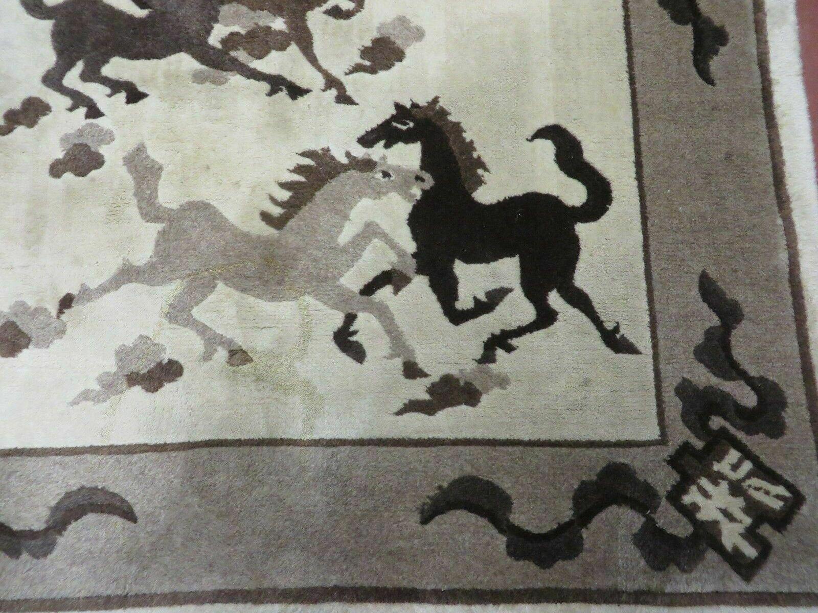 4' X 6' Modern Tibetan Nepal Art Deco Chinese Hand Knotted Wool Rug Horses Nice - Image 11