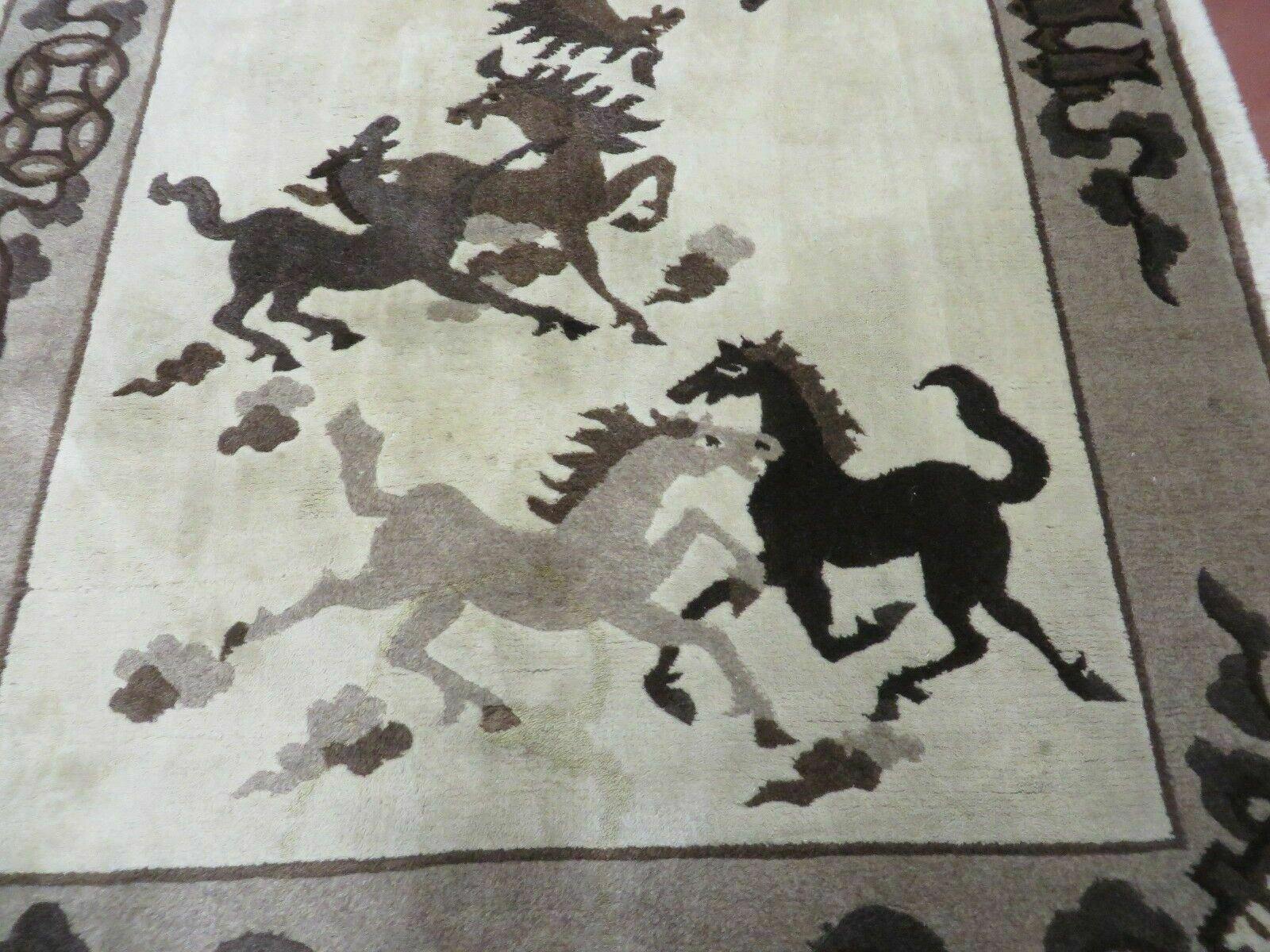 4' X 6' Modern Tibetan Nepal Art Deco Chinese Hand Knotted Wool Rug Horses Nice - Image 12