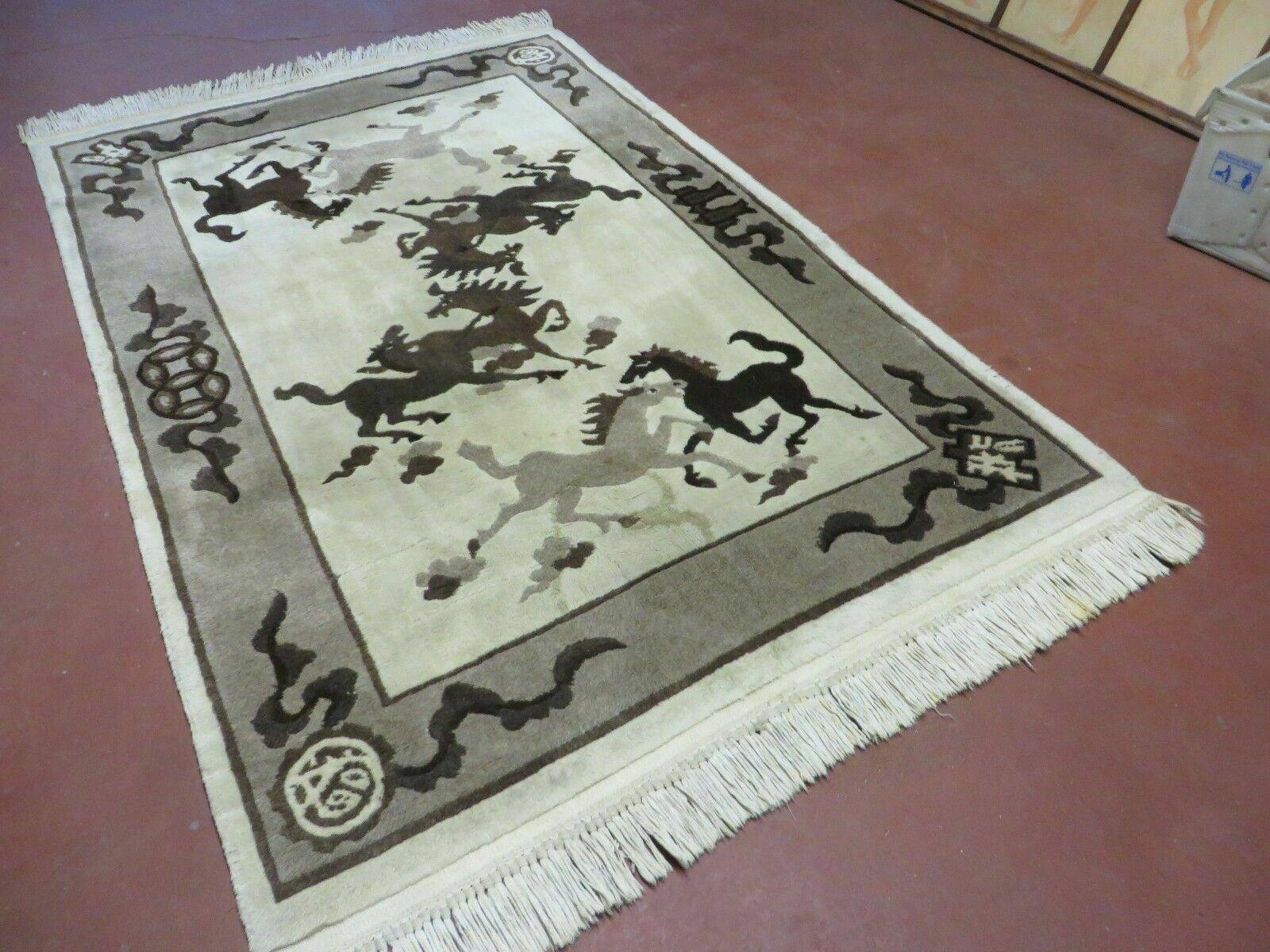 4' X 6' Modern Tibetan Nepal Art Deco Chinese Hand Knotted Wool Rug Horses Nice - Image 2