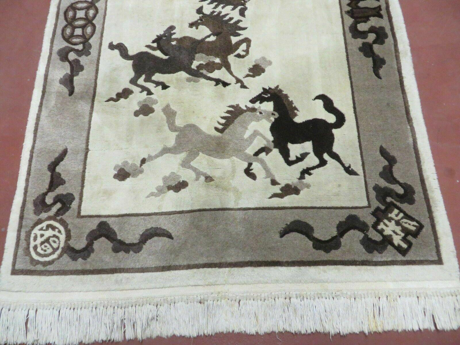 4' X 6' Modern Tibetan Nepal Art Deco Chinese Hand Knotted Wool Rug Horses Nice - Image 5