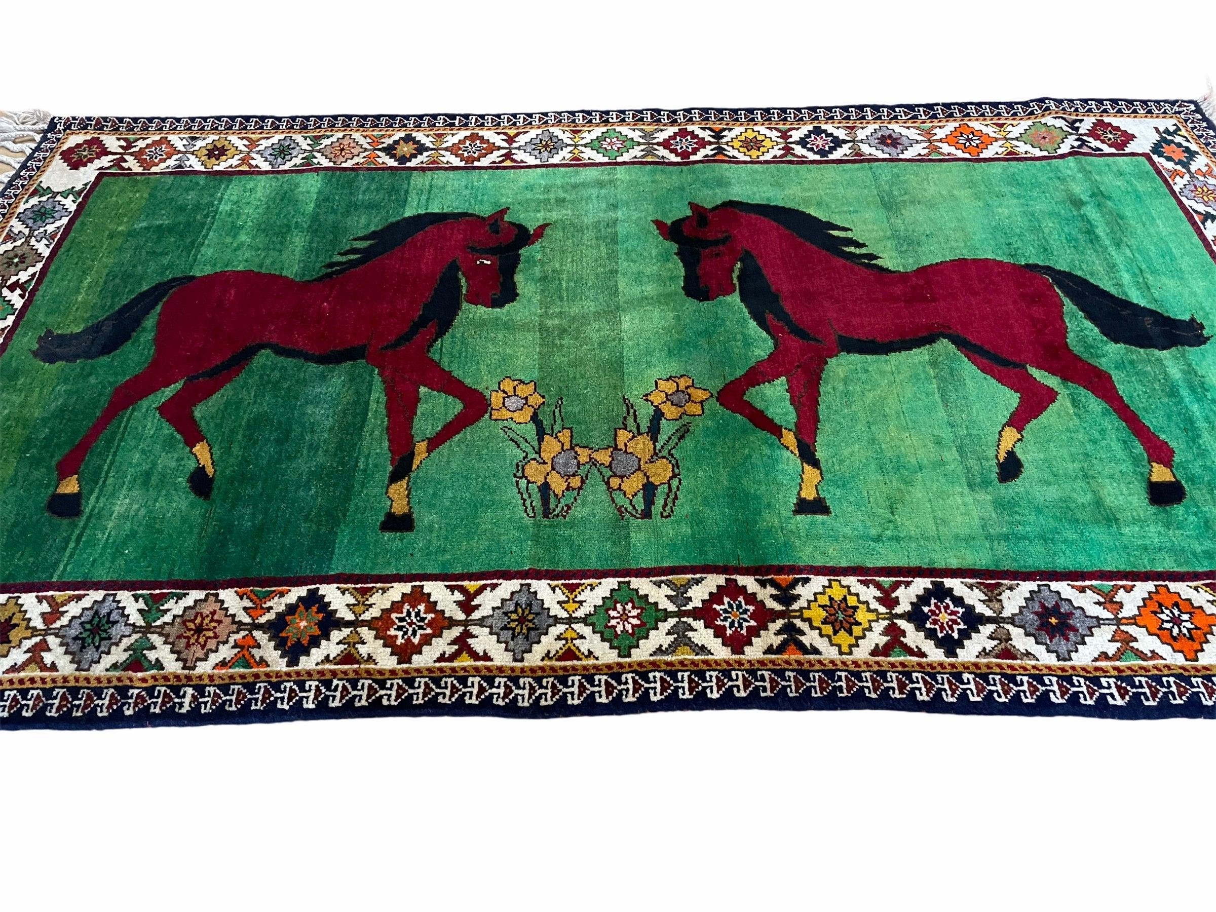 4 X 7 Handmade Rug Zagros Quality Wool Pictorial Horses Green Butterfly Colorful - Image 12