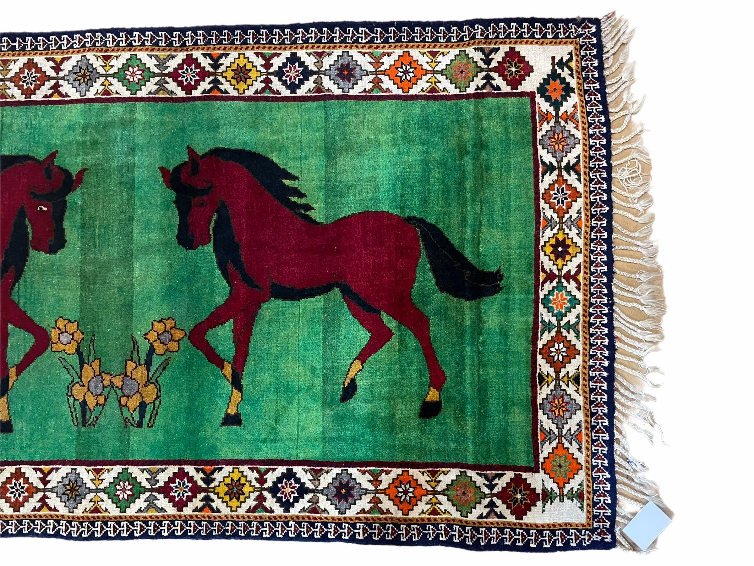 4 X 7 Handmade Rug Zagros Quality Wool Pictorial Horses Green Butterfly Colorful - Image 7