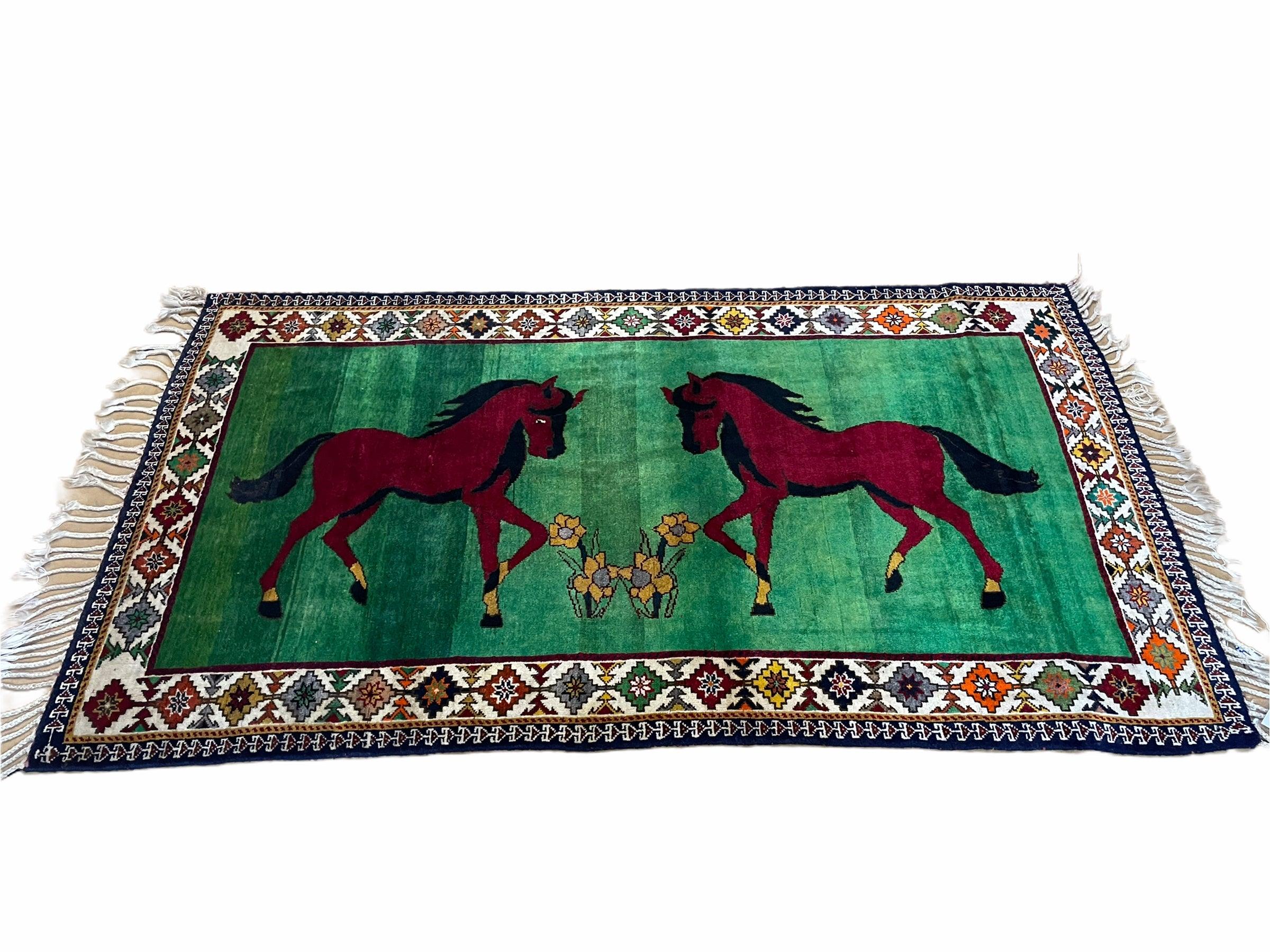 4 X 7 Handmade Rug Zagros Quality Wool Pictorial Horses Green Butterfly Colorful - Image 9