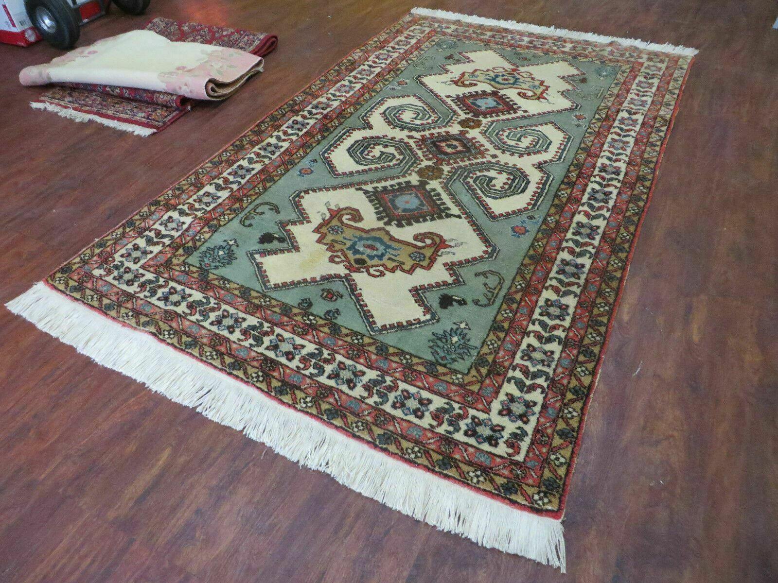 4' X 7' Vintage Handmade Knotted Rug India Caucasian Wool Soft Green Organic - Image 2