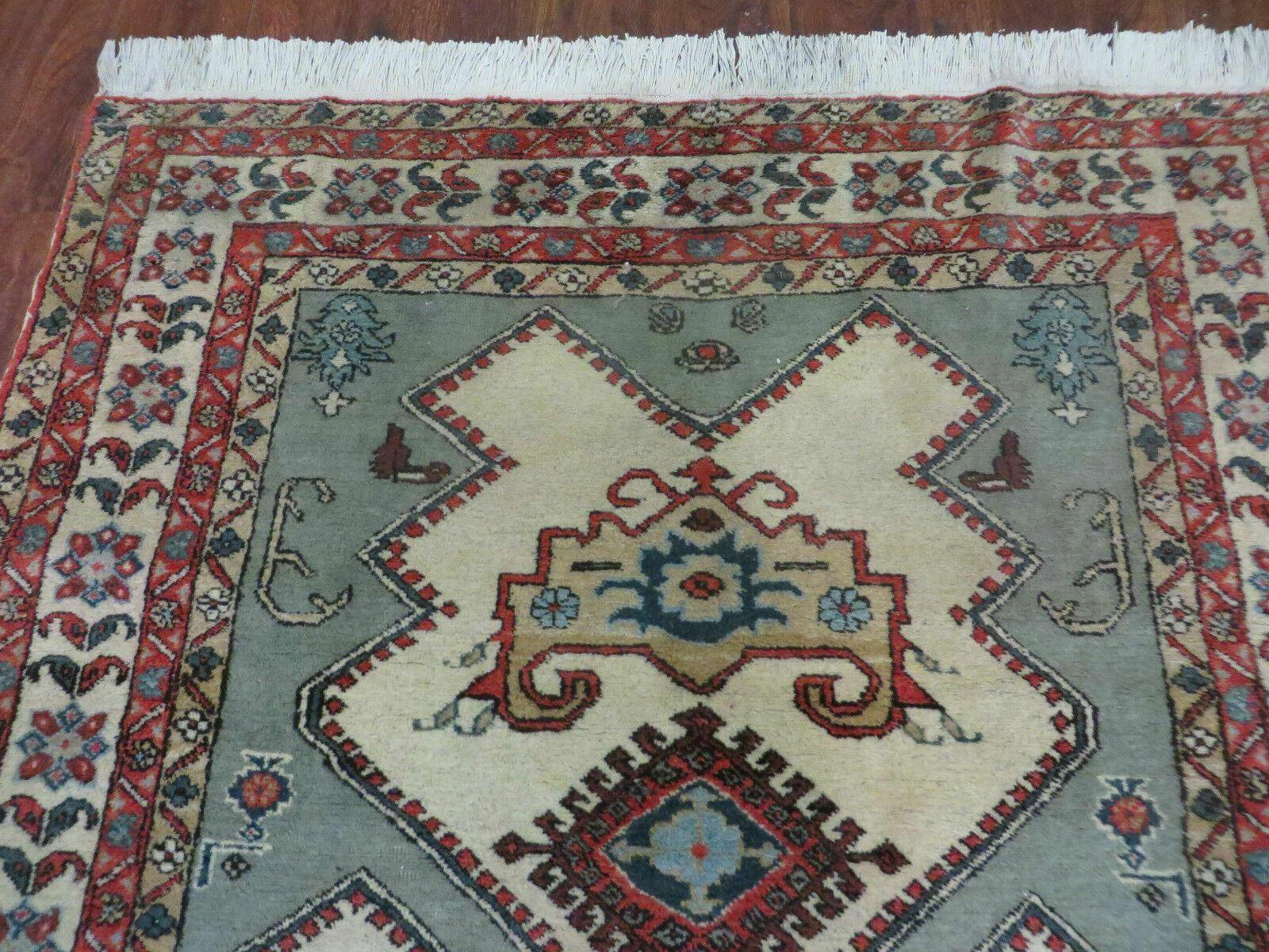 4' X 7' Vintage Handmade Knotted Rug India Caucasian Wool Soft Green Organic - Image 3