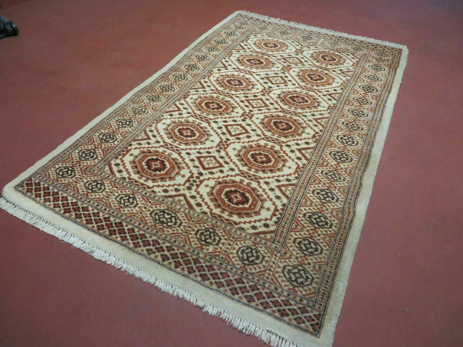 4' X 7' Vintage Handmade Pakistani Turkoman Bokhara Balouch Woven Wool Rug Ivory - Image 2