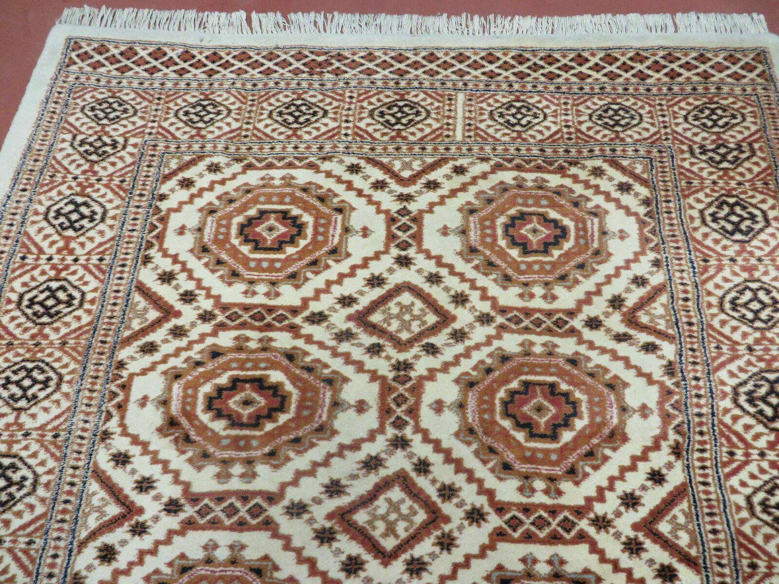 4' X 7' Vintage Handmade Pakistani Turkoman Bokhara Balouch Woven Wool Rug Ivory - Image 3