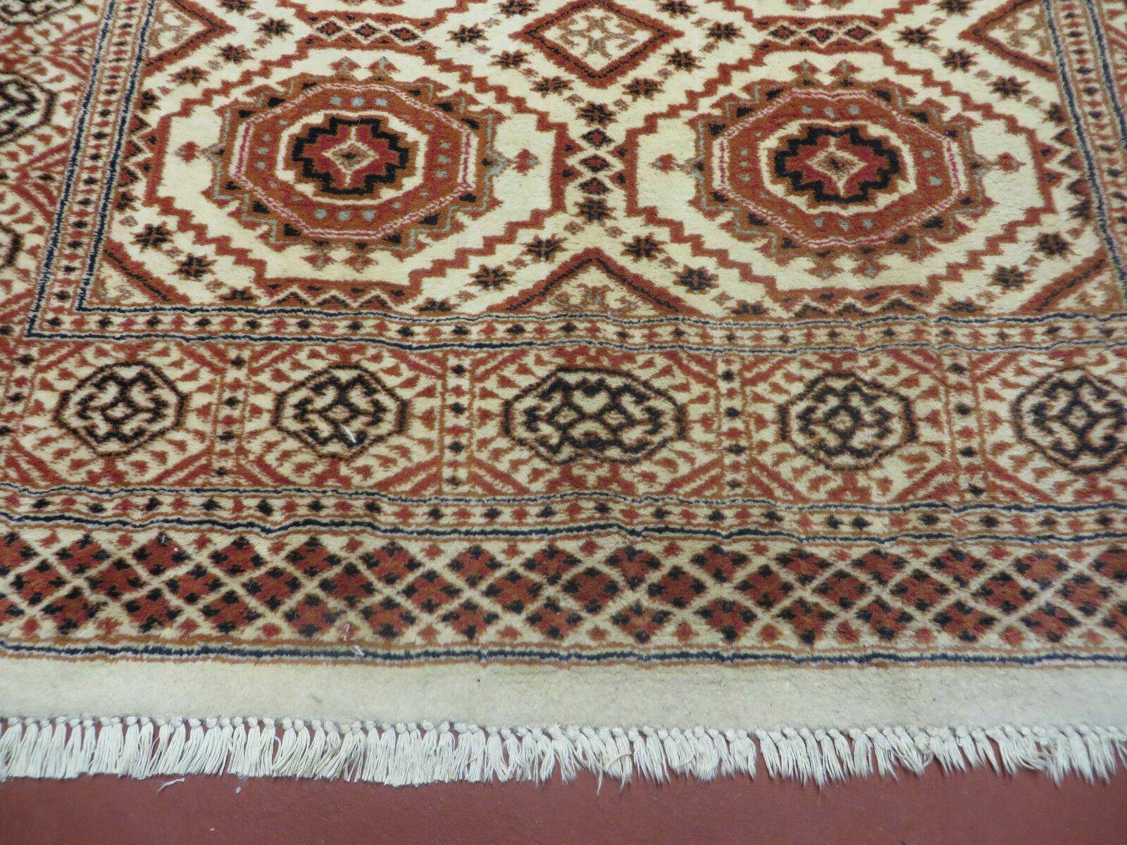 4' X 7' Vintage Handmade Pakistani Turkoman Bokhara Balouch Woven Wool Rug Ivory - Image 5