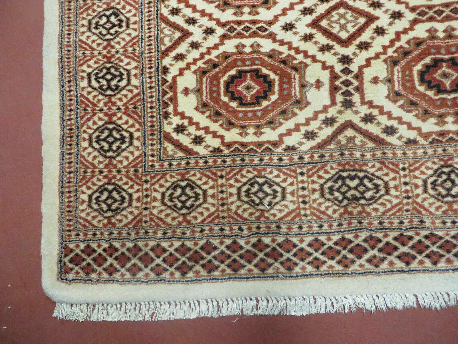 4' X 7' Vintage Handmade Pakistani Turkoman Bokhara Balouch Woven Wool Rug Ivory - Image 8
