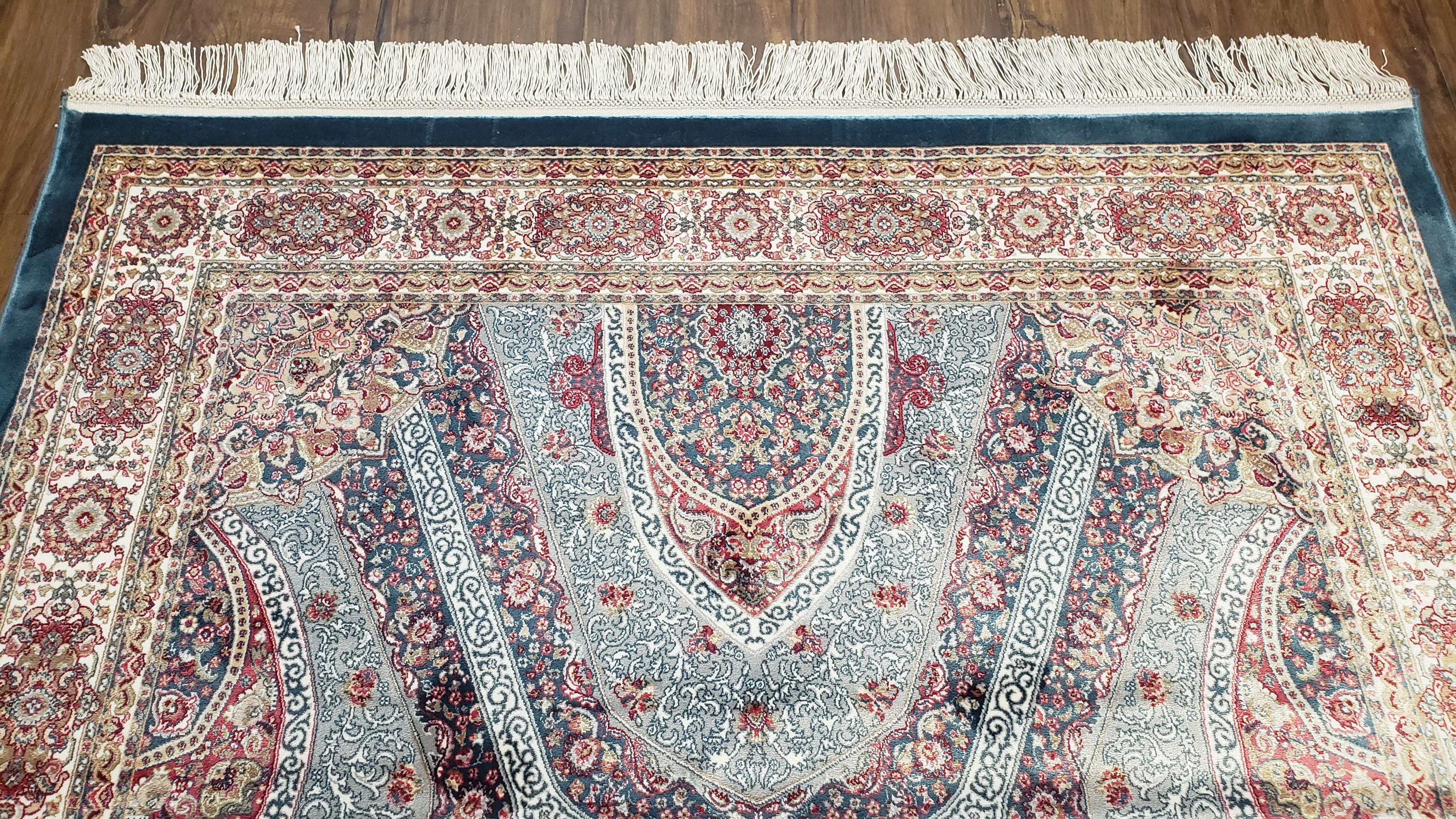 4x6 Silk Carpet, Light Blue & Beige Oriental Rug 4 x 6ft, Traditional Design Medallion All Over, Bamboo Silk, Super Fine, High Quality, Soft - Image 3